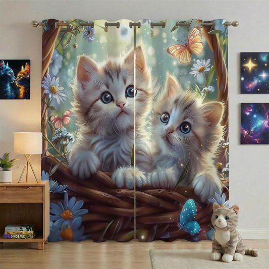 Sordcoz Cat Blackout Curtains for Girls Bedroom — Kawaii Kitty Print Room Darkening Drapes with Silver Grommets, Thermal Insulated 2 Panels Window Curtains for Kids Room & Nursery, 42 x 45 Inch