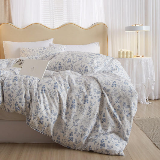 Queen Comforter Set White Blue Floral Bedding Comforter Set Queen Vintage Style Garden Floral Comforter Set for Girls Botanical Flower Comforter Set for All Seasons 1 Boho Comforter with 2 Pillowcases