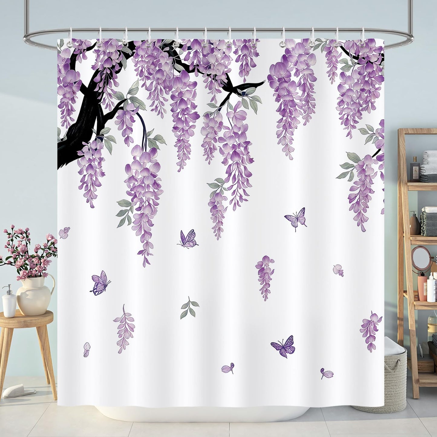 COZZSNUGE Purple Lavender Floral Shower Curtain,Spring Wisteria Flower Butterfly Lilac Girls Shower Curtain Waterproof Polyester for Bathroom with 12 Hooks, 72 x 72 Inches