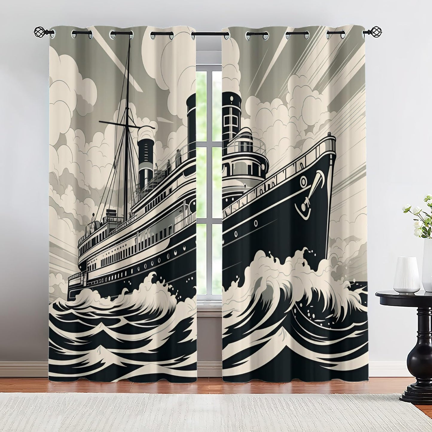 XAFIAUR Vintage Cruise Ship Blackout Curtains, Steamship Curtains for Living Room, Nautical Style Black Out Bedroom Curtain Thermal Insulated Grommet Drapes 2 Panels, for Boys Room 26" W x 63" L x2