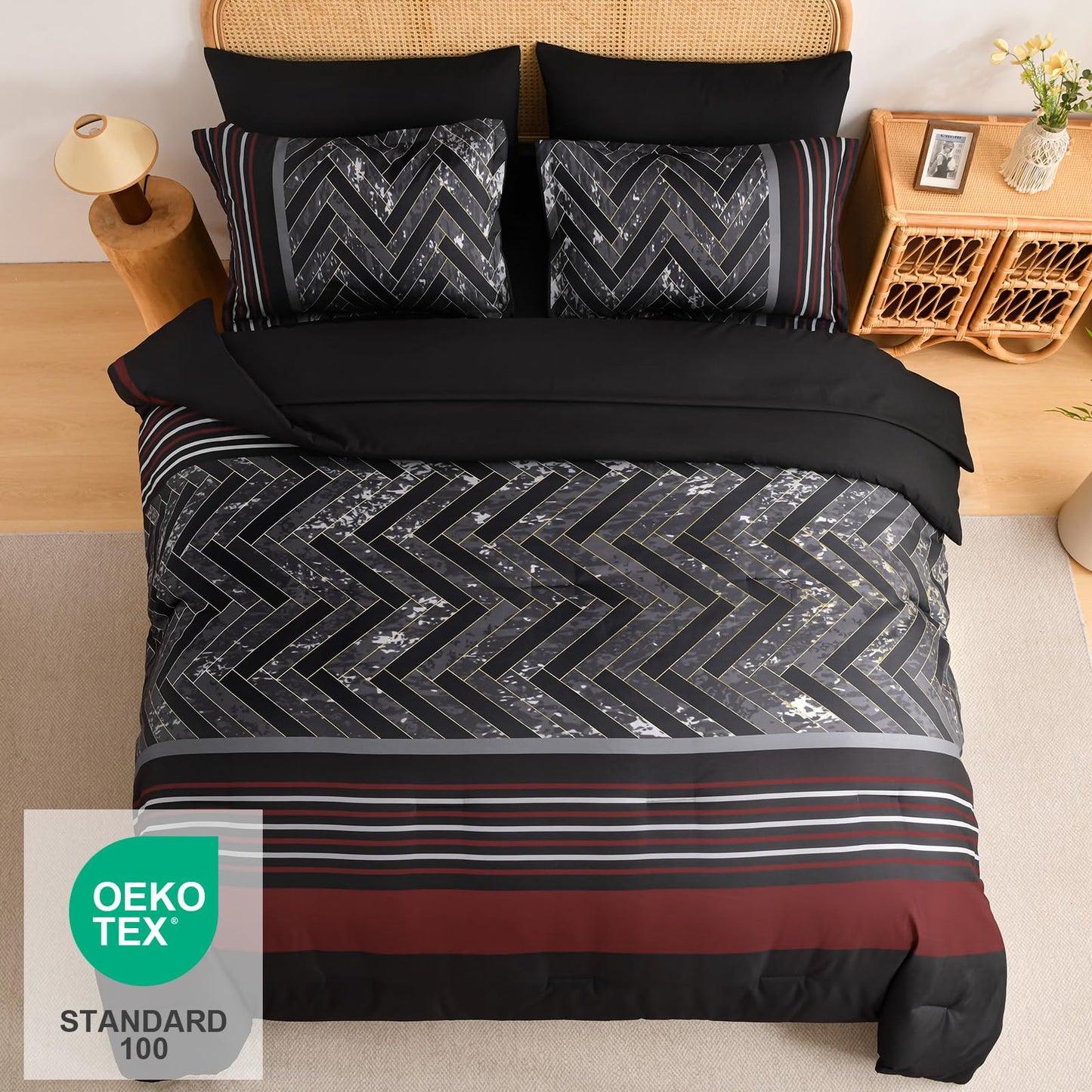 Luxudecor Black and Red Comforter Set Queen Size, 7 Pieces Stripe Geometric Bed in a Bag, Marble Comforter and Sheet Set, Soft Microfiber Complete Bedding Sets for All Seasons