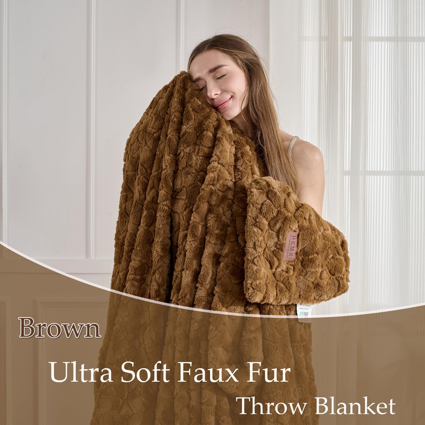 Faux Fur Rabbit Throw Blanket,Super Soft Plush Thick Warm Blanket,Fuzzy Luxury Plush Decorative Blanket for Couch Bed Sofa-Brown(50 * 60inch)