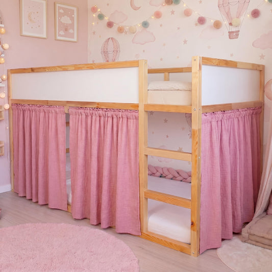 Breling 3 Pcs Panel Muslin Cotton Curtains Set for Loft Bed Pink Bunk Bed Privacy Curtains Breathable Fabric with Storage Bag for Bedroom Playhouse Dorm