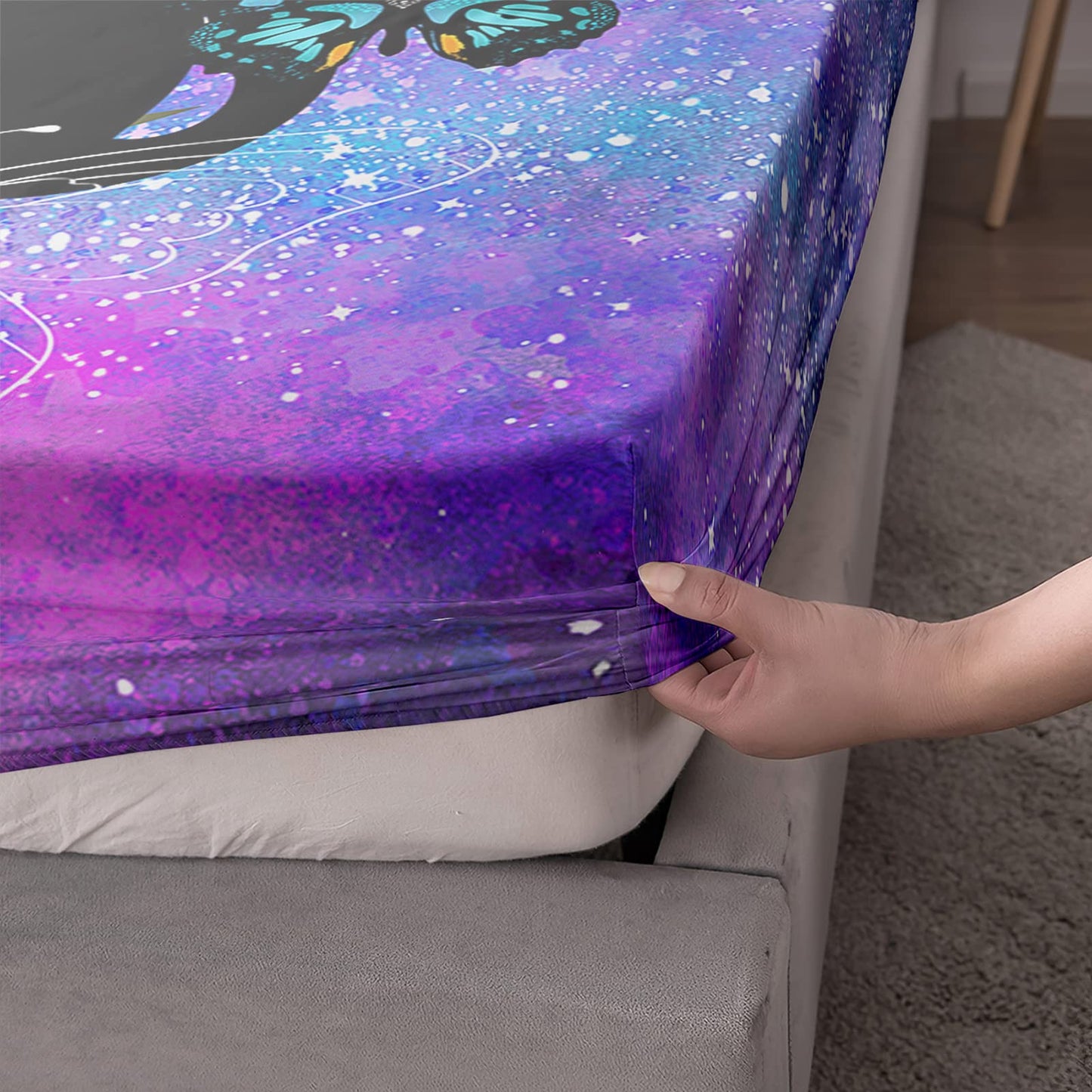 Axolotl Black Cat Bedding Twin Sheet Set - Butterflies Moon Printed for Kids, Boys, Girls, Adults, Teens - 1 Fitted Sheet, 1 Flat Sheet, 2 Pillowcases - Blue