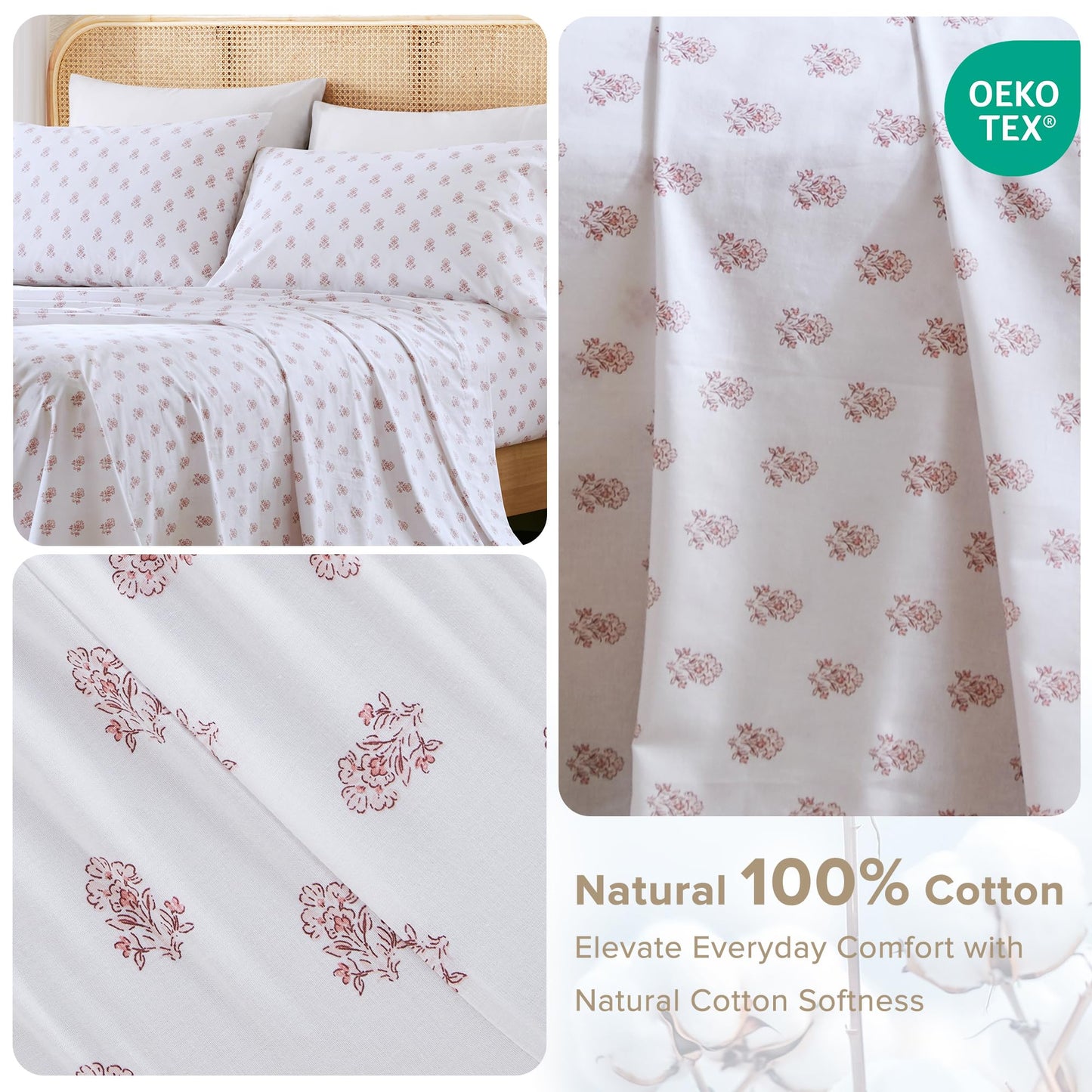 Comfort Spaces 100% Cotton Sheets Twin XL, Breathable, Naturally Cool Cotton Sheets, Soft Cotton Bed Sheets with 12" Elastic Pocket Fits up to 14" Mattress, All Seasons Sheet Set, Floral Pink 3 Piece
