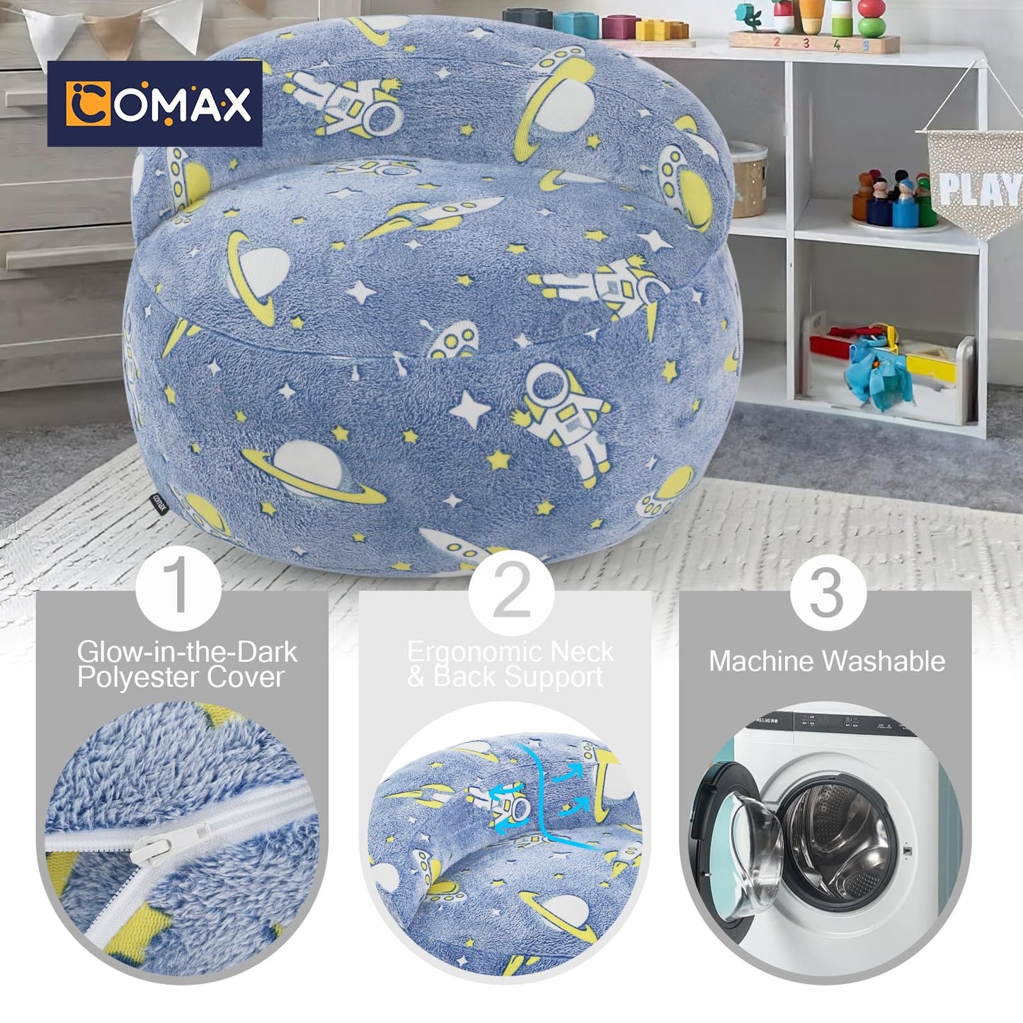 COMAX Bean Bag Chair for Kids, Dinosaur Convertible Toddler Beanbag Bed, Children Bean Chair Stuffed to Floor Mattress with Filler, Blue Universe