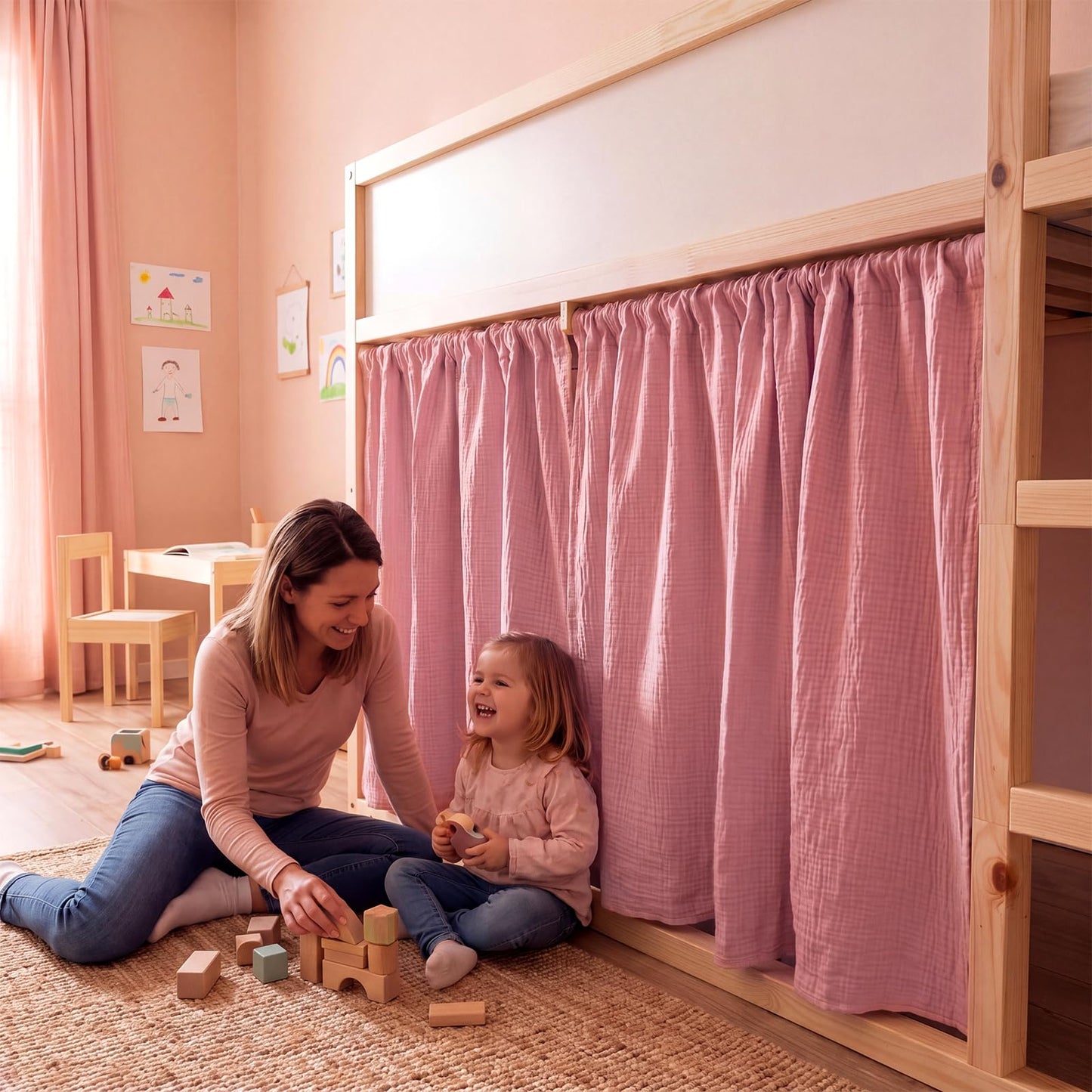 Breling 3 Pcs Panel Muslin Cotton Curtains Set for Loft Bed Pink Bunk Bed Privacy Curtains Breathable Fabric with Storage Bag for Bedroom Playhouse Dorm