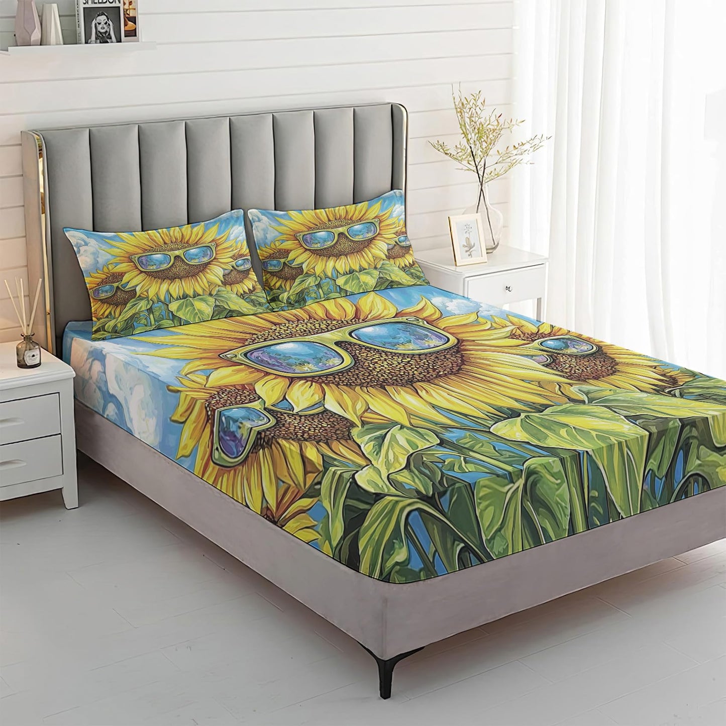 Rejkxyw King Size Sheets Set Sunflower - Funny Yellow Floral Bed Sheets - Kids Boys Girls Sheet Set - 12 Inch Deep Pocket - Ultra Soft Winkle Free Microfiber Bedding Sheets & Pillowcases 4 Piece