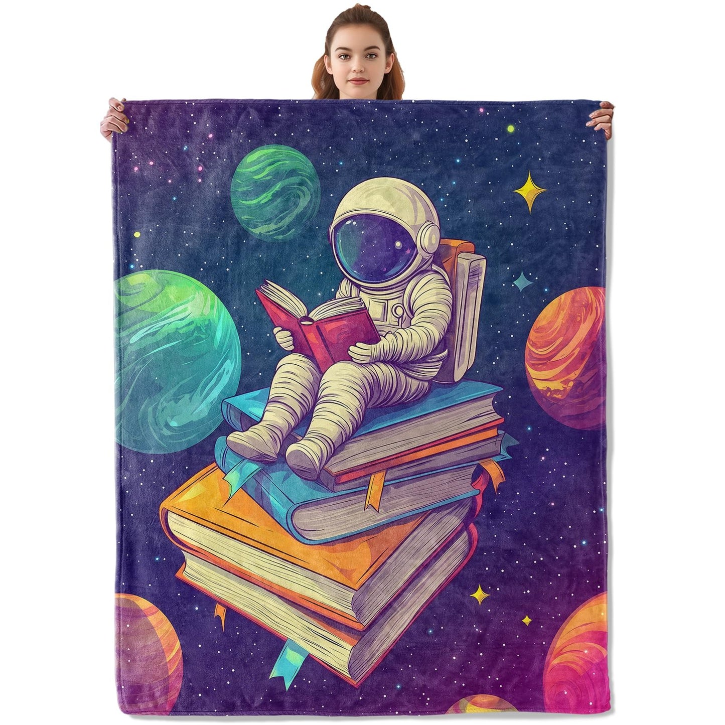 Kibue Space Reading Astronaut Blanket, Soft & Warm Flannel Throw - Cozy Lightweight Blankets for Travel, Decor, Bedroom, Office, Sofa for Adults Kids - Ideal for All Seasons 60"×50"