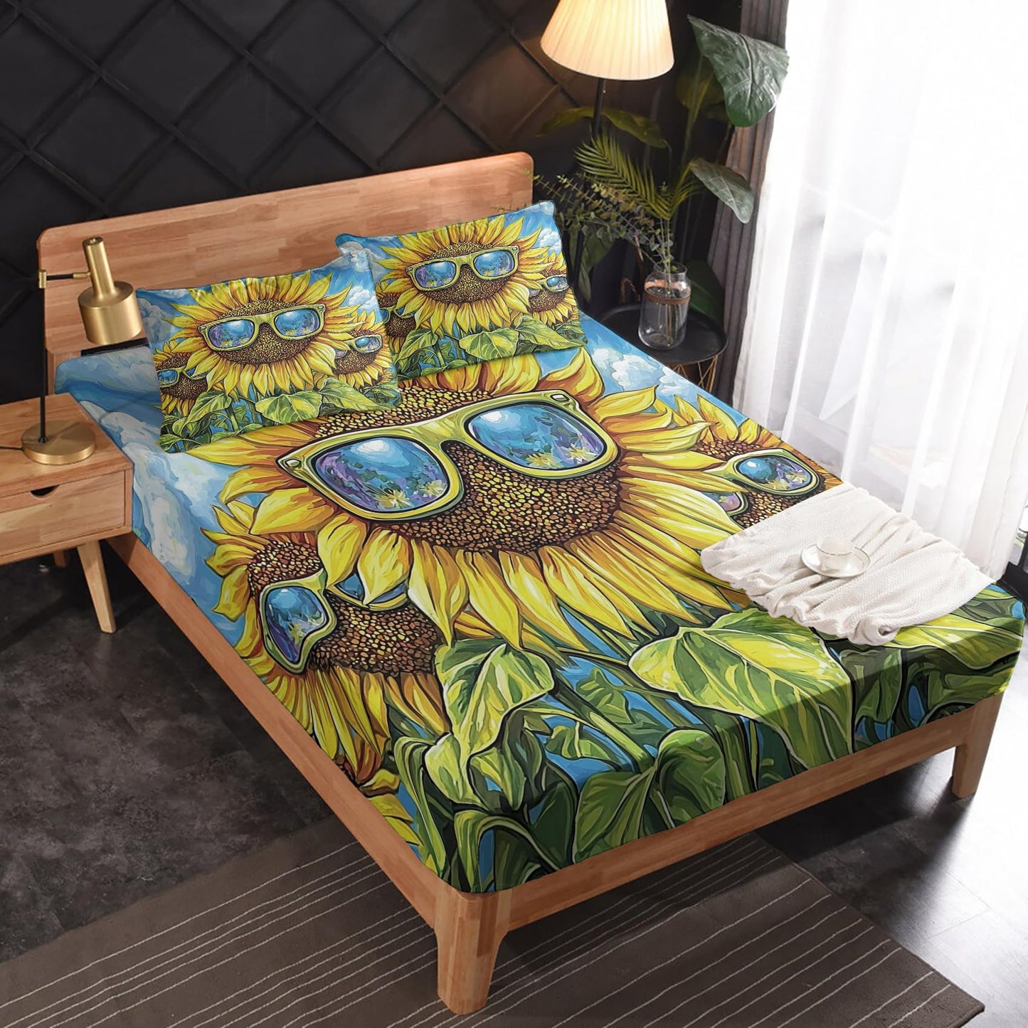 Rejkxyw King Size Sheets Set Sunflower - Funny Yellow Floral Bed Sheets - Kids Boys Girls Sheet Set - 12 Inch Deep Pocket - Ultra Soft Winkle Free Microfiber Bedding Sheets & Pillowcases 4 Piece