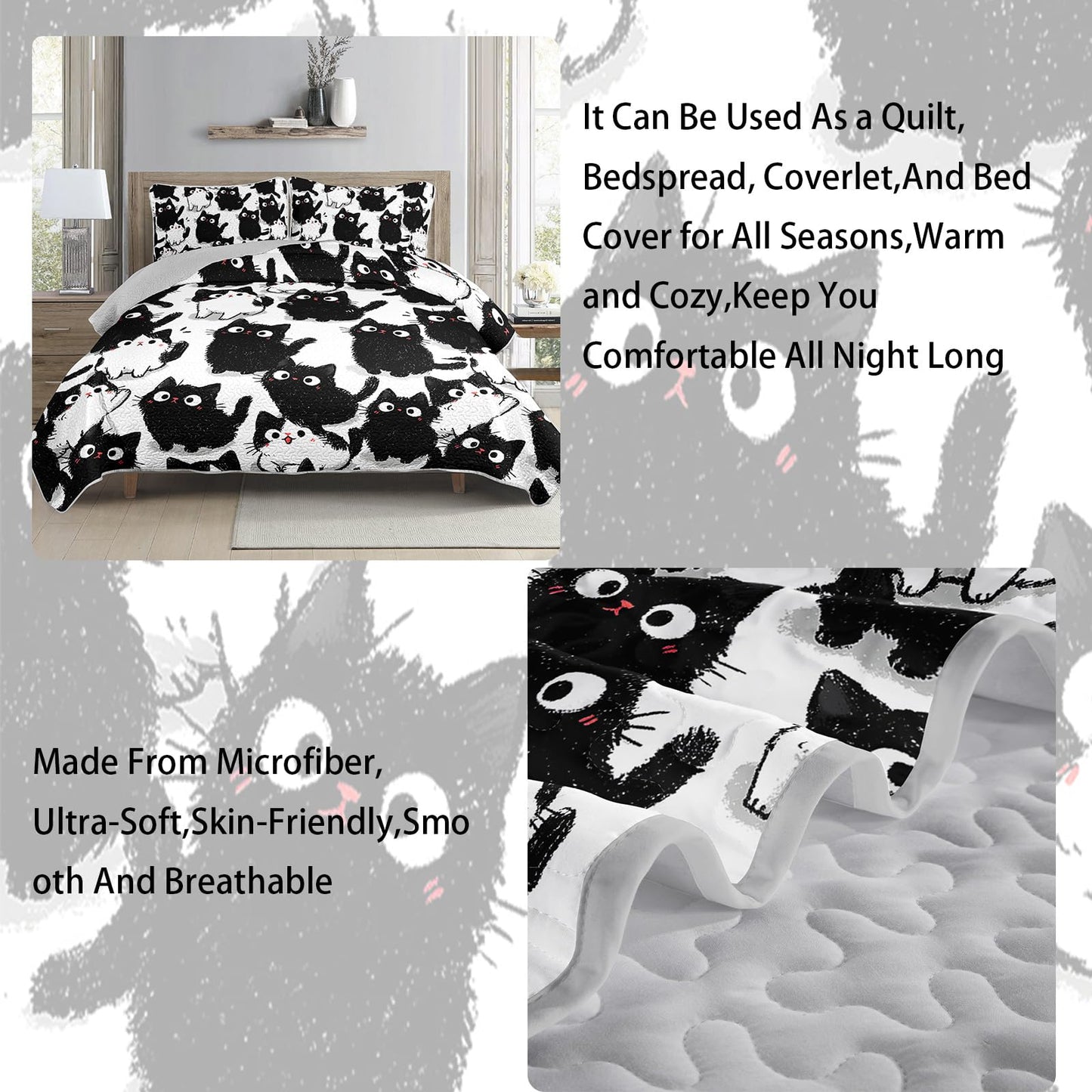 AILONEN Full Quilted Comforter Set 3 Piece, Playful Feline Animal Bedspread Coverlet with 2 Pillowcases, Soft Monochrome Pet Bedding for Teens Guest Apartment Aesthetic Sketchy Style