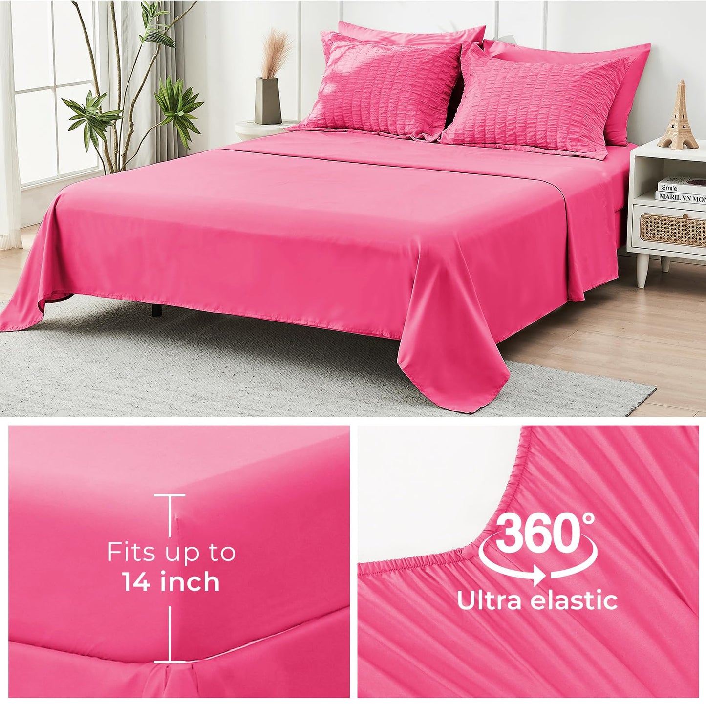 HYMOKEGE Hot Pink Twin Comforter Set Seersucker 5 Pieces, All Season Luxury Bed in a Bag for Bedroom, Bedding Set with Comforter, Sheets, Pillowcase & Sham