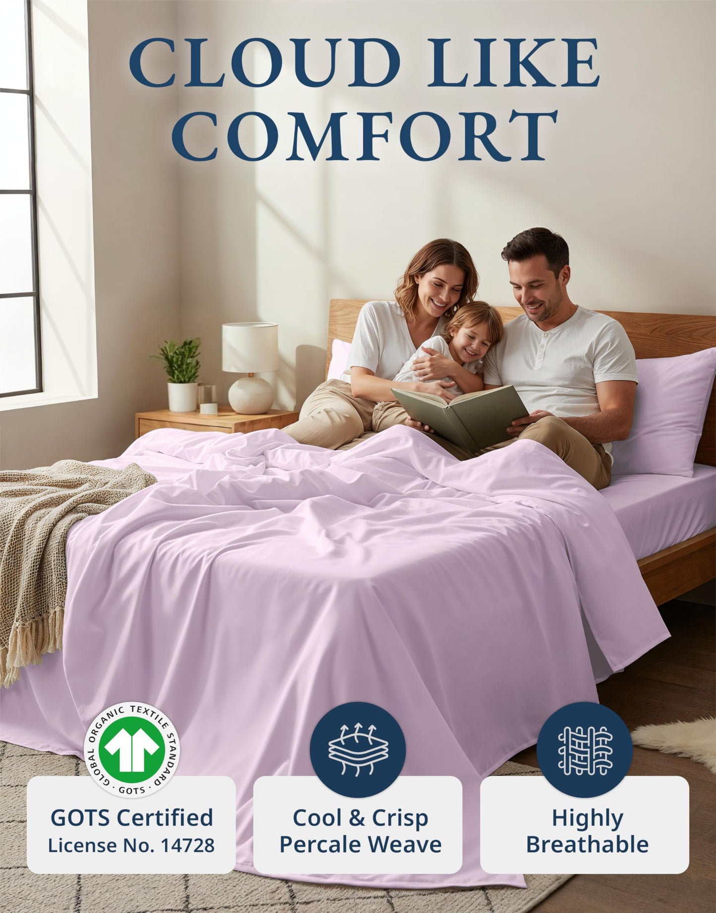 LANE LINEN Cotton Queen Sheet Set 100% Organic Cotton GOTS Certified Percale Weave Deep Pocket 4 Piece Soft Breathable Cooling Lightweight All Season Machine Washable Crisp - Orchid Petal