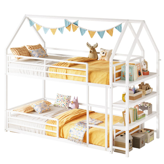 LIKIMIO Bunk Bed, Twin Bunk Beds with 3-Tier Storage Bookshelf, Bunk Bed Twin Over Twin, Metal House Bed Ladder and Safety Guardrail for Bedroom, Space Saving, No Box Spring Needed, White