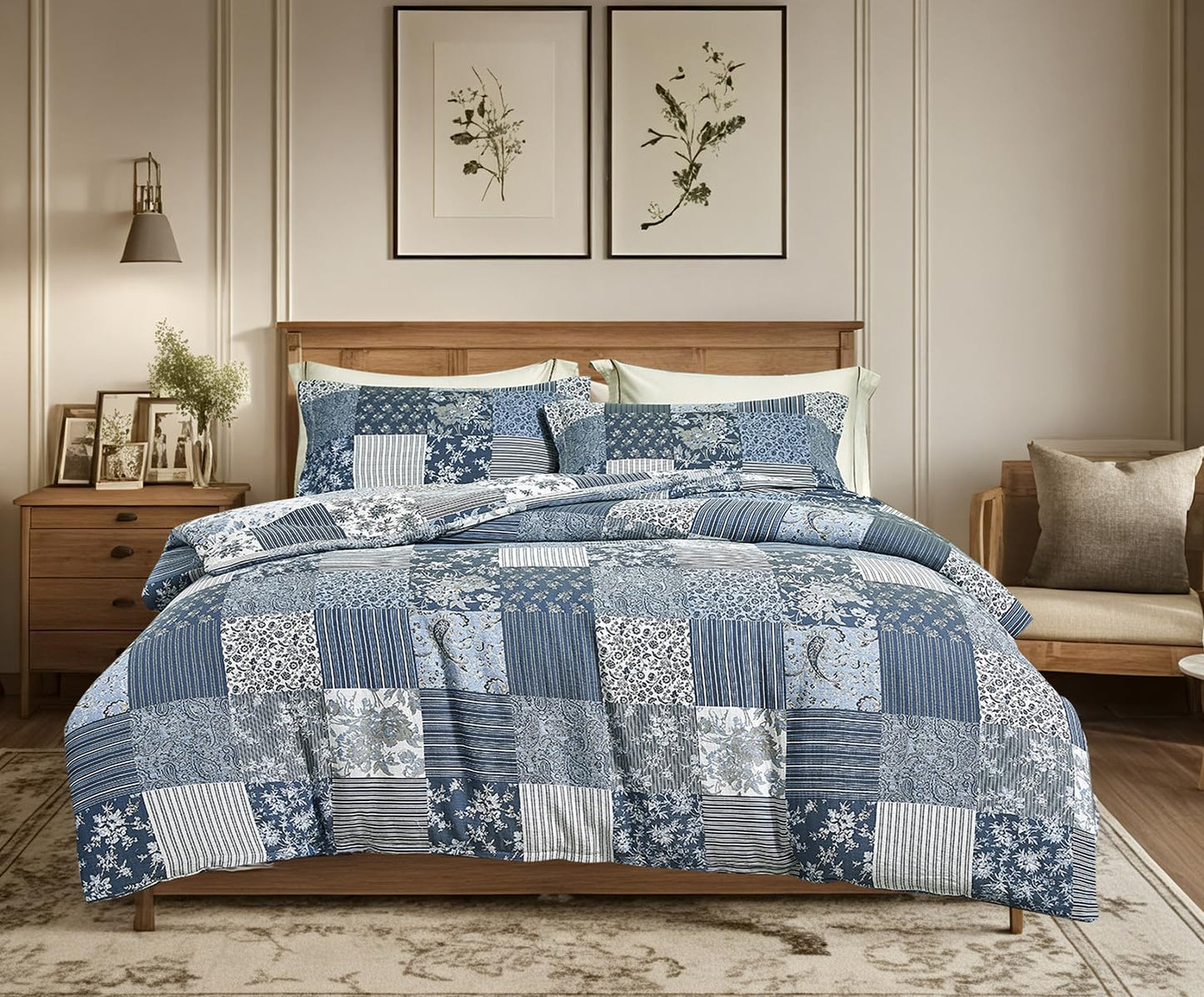 SLEEPBELLA Washed Double Layer Muslin 100% Cotton Comforter Set King Size, Boho Blue Patchwork Fluffy Thick Checked Bedding Set, Soft Breathable (1 Comforter, 2 Pillow Shams)