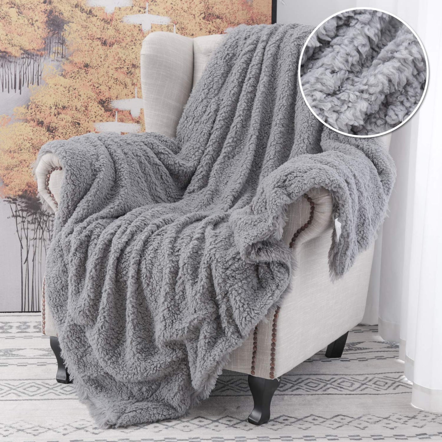 YOH Warm Shaggy Sherpa Reversible Throw Blanket, Fluffy Soft Long Hair Fuzzy Faux Fur Grey Blanket for Man and Woman Couch Bed Sofa Photo Props Home Decorative Throws, (60x50 Inches) Grey