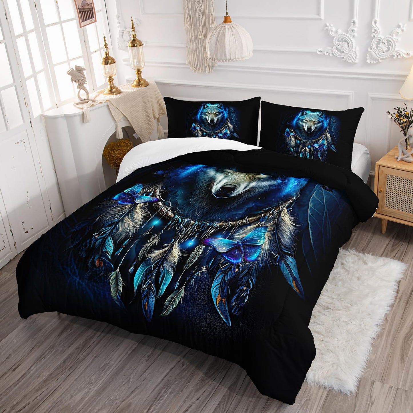 AILONEN Wolf Dream Catcher Comforter Set, Queen Size, Blue Wolf Head Printed Bedding Set, Butterfly Duvet Set for Boys & Girls Bedroom Decor, 3 Pieces, 1 Quilt and 2 Pillowcases