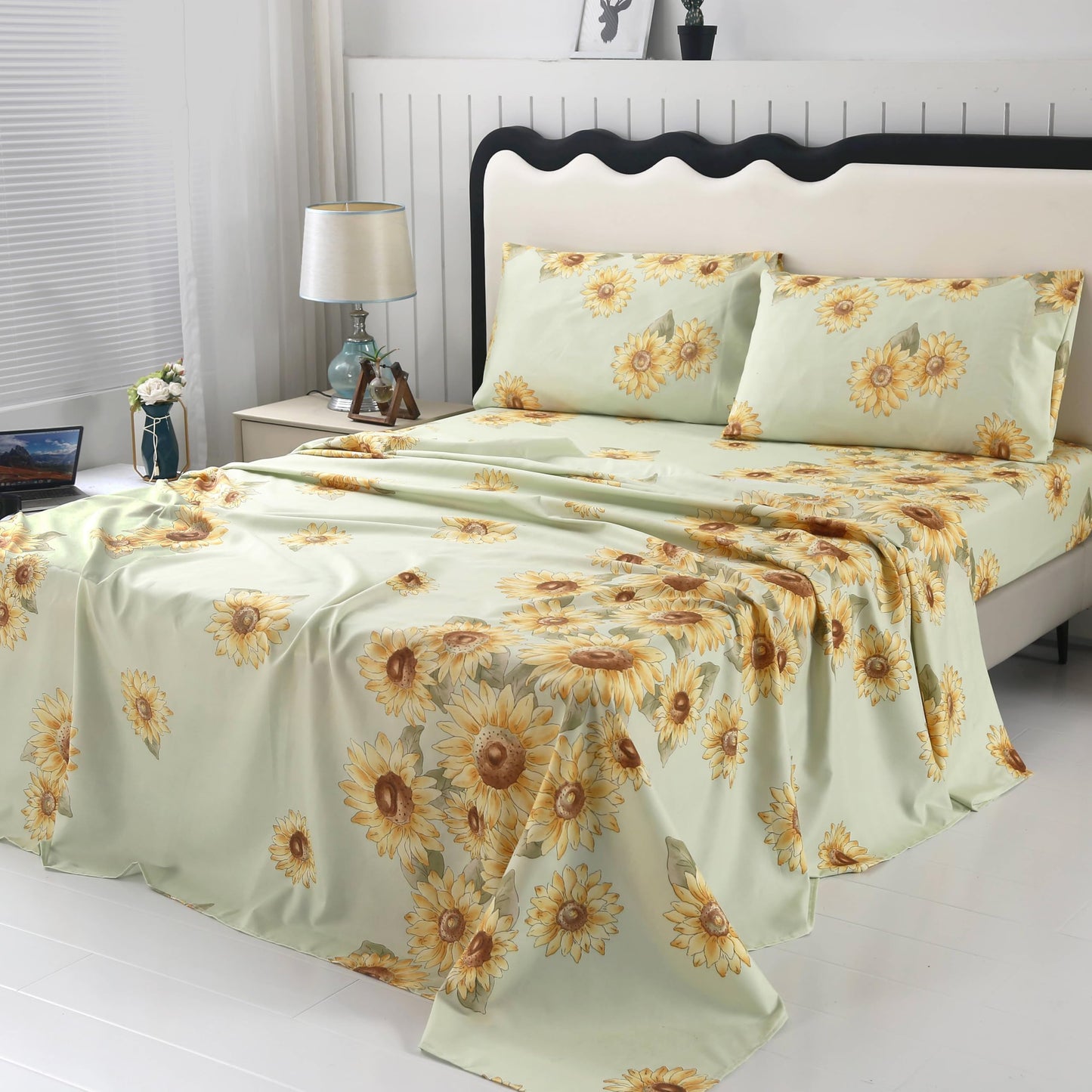 SDIII 4 Pieces Sunflower Sheets Set Twin, Soft Microfiber Sunflower Sheets Twin Size, Floral Bedding Sheet for Girls Boys Kids and Teens