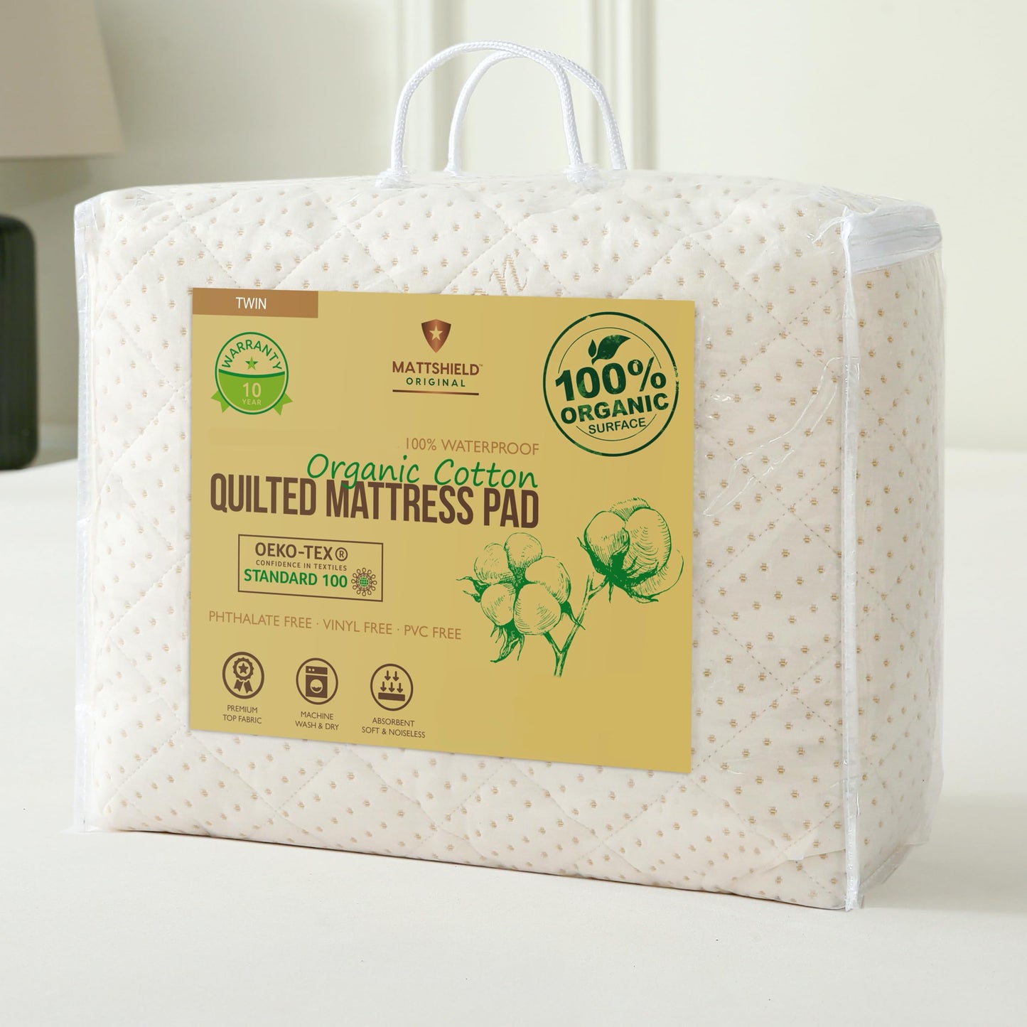 Luxury Quilted Organic Cotton Mattress Protector Twin Size - Premium 380 GSM Waterproof & Breathable Pad - Deep Pocket Fitted Cover - Soft & Silent Protection