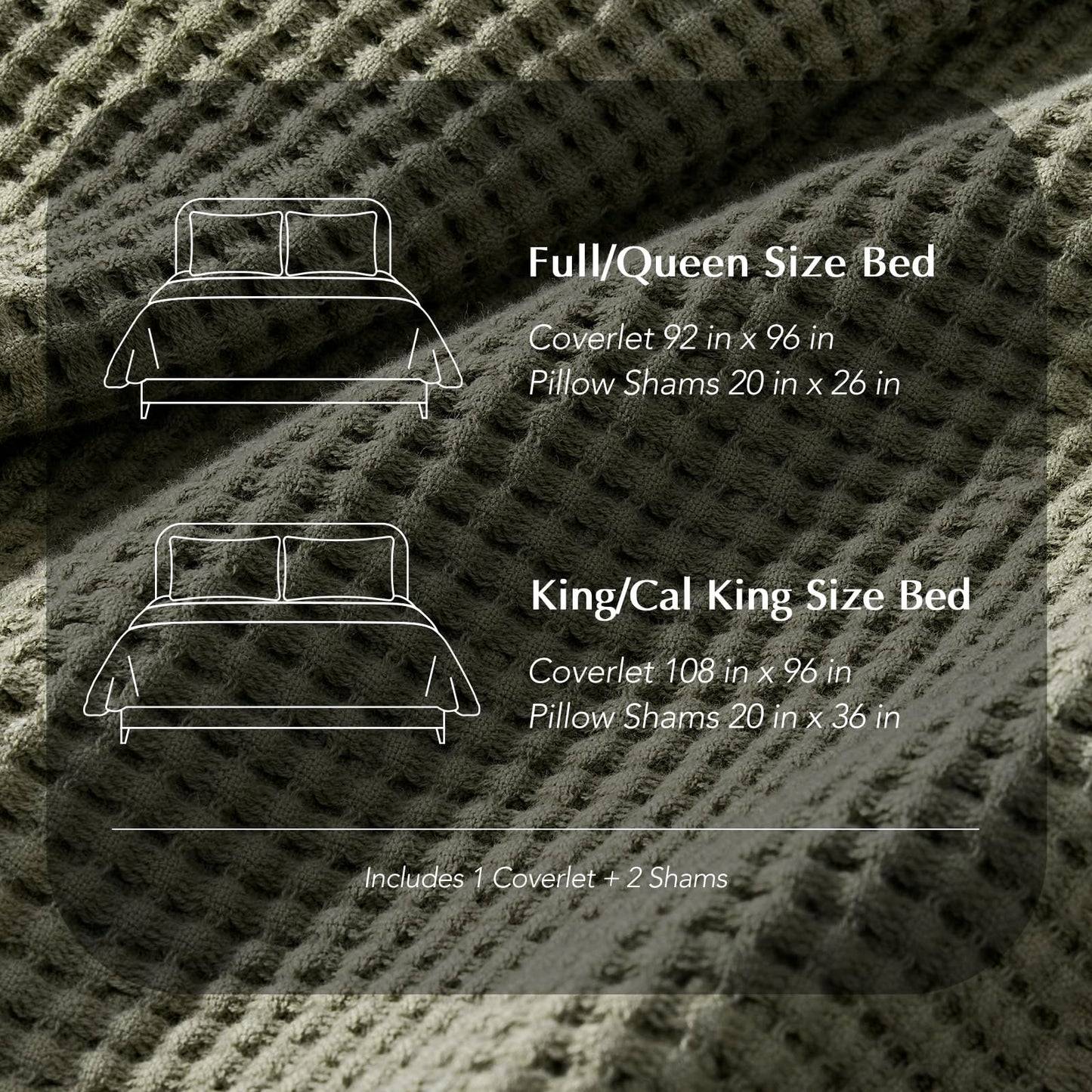 EverGrace 100% Cotton Waffle Bed Blanket Queen Size, Soft Premium Cotton Coverlet Set with 2 Matching Shams, Lightweight All Season Bedding Set, Oversized Bedspread 92x96, Olive Green