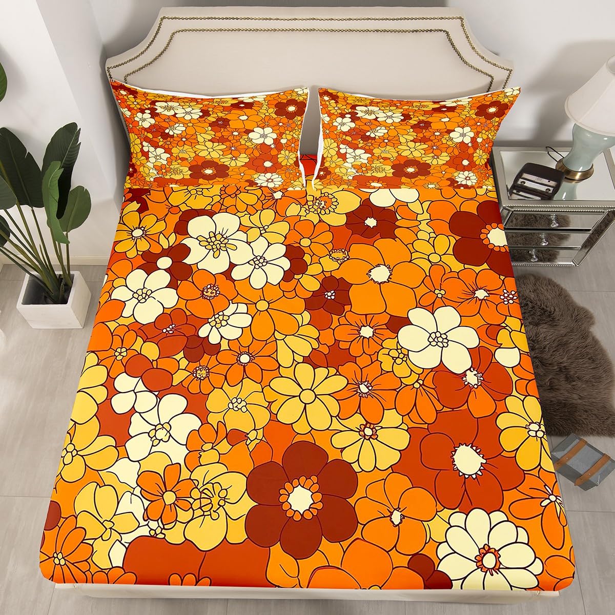 Boho Floral Bed Sheets Set Full Retro Groovy Flowers Sheet Set 60S 70S Hippie Flower Power Bedding Set For Kids Girls Women Groovy Natural Garden Botanical Fitted Sheet Orange Brown Flat Sheet 4 Pcs