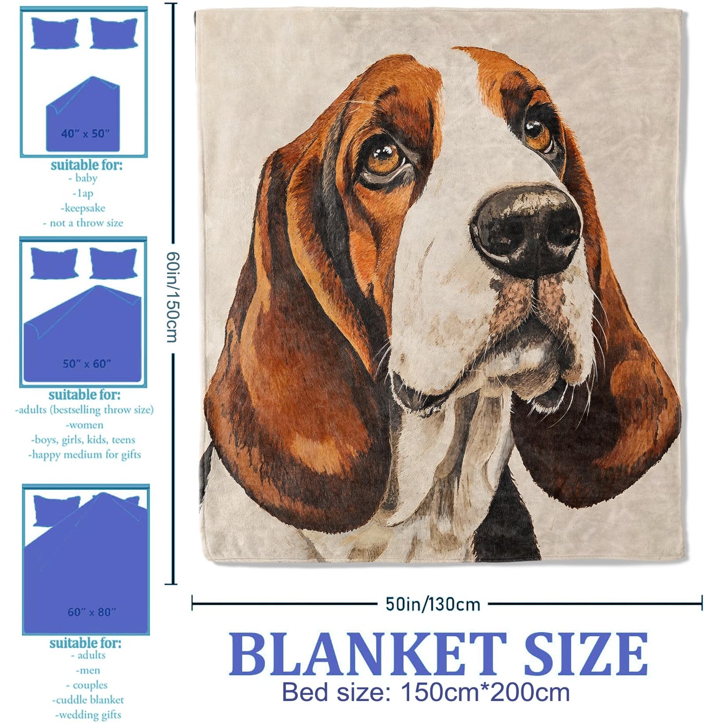 Plistiz Basset Hound Dog Throw Blanket for Women Girls Boys, Soft Flannel Blankets Gifts for Living Room Couch, Home, Sofa Decor, 50"x60"