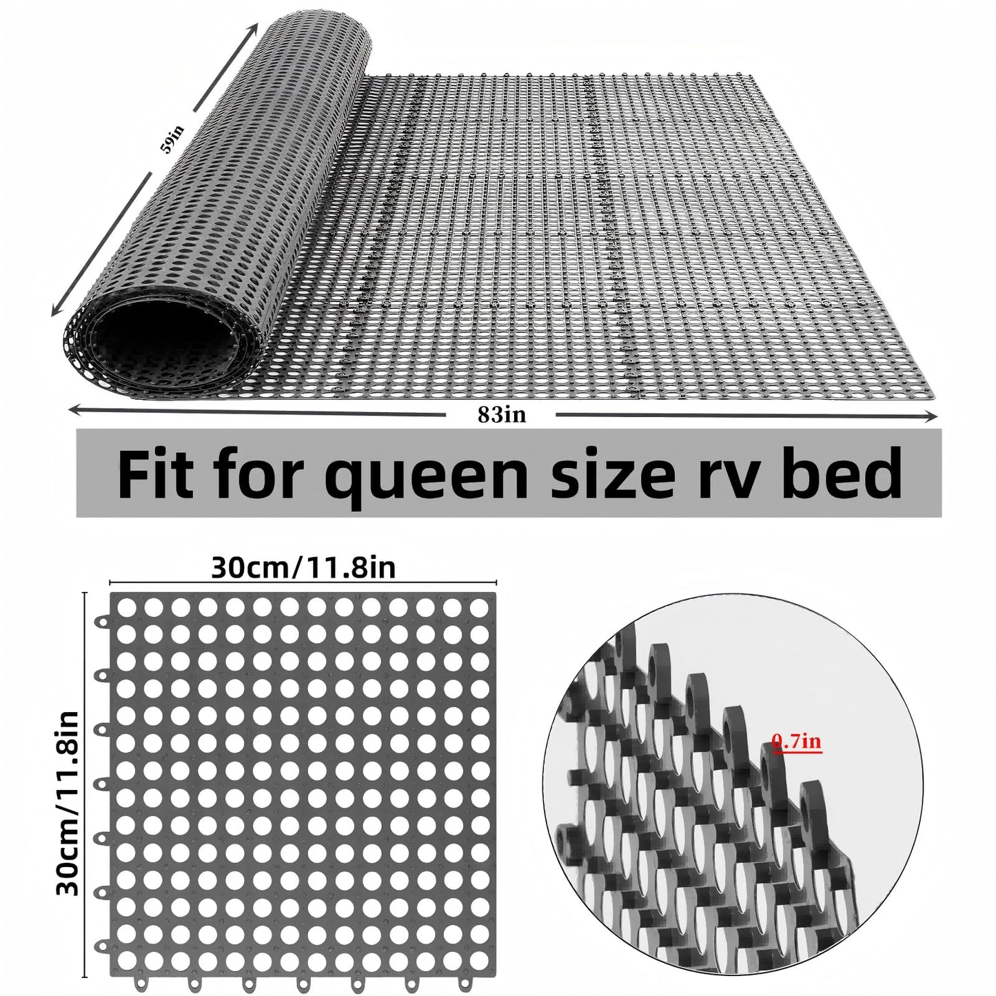 Plastic Ventilated Mattress Underlay Pad for RV Boat Camper- 83"x59" Queen Size Interlocking Modular Non Slip Design, Breathable Mesh RV Under Mattress Ventilation Air-Flow