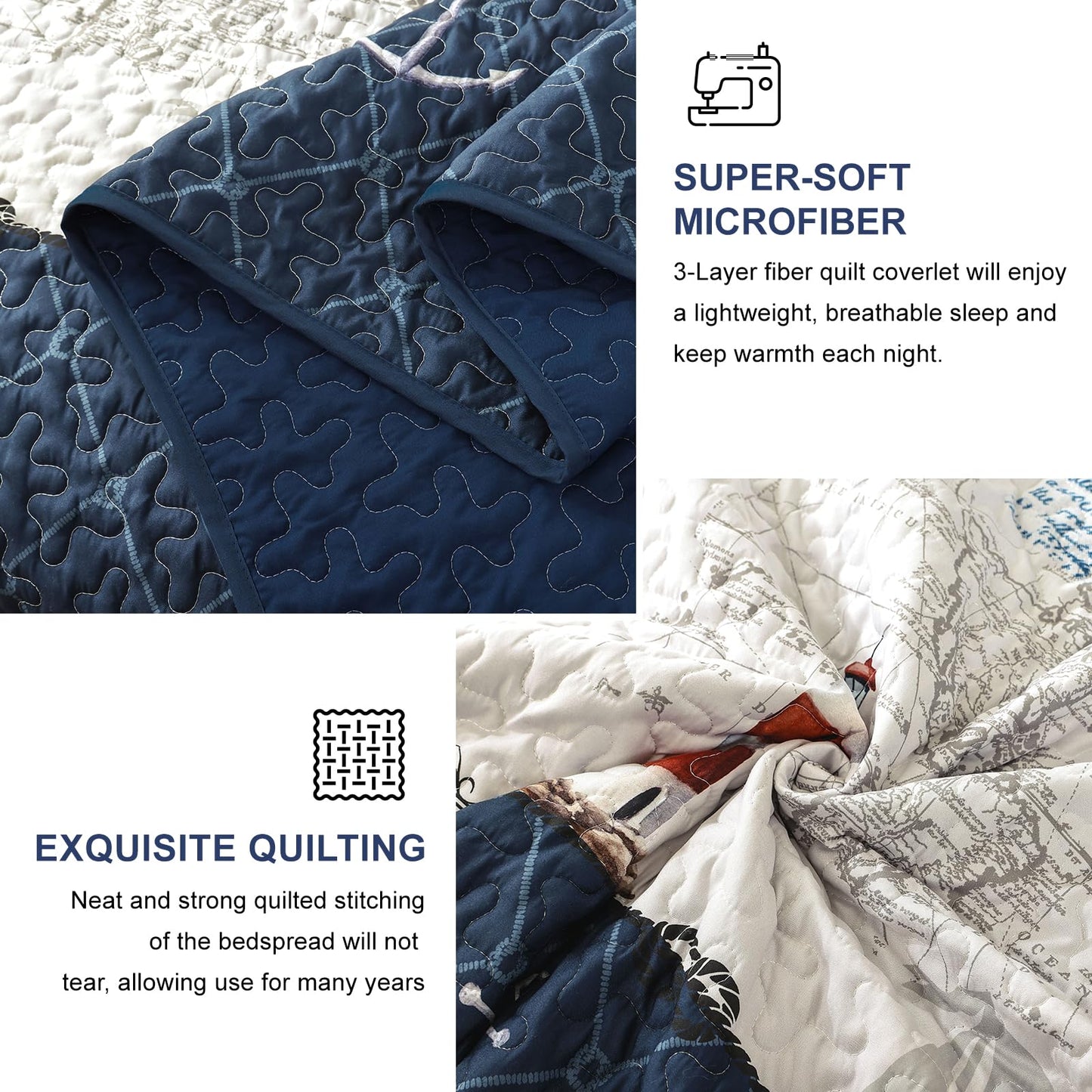 Djoymock Ocean King Size Quilt Set 3 Piece,Nautical Coastal Quilt Bedding Set with 2 Shams Soft Lightweight Beach Bedspread Coverlet Summer Reversible Microfiber Comforter Set for All Season, 104"x90"