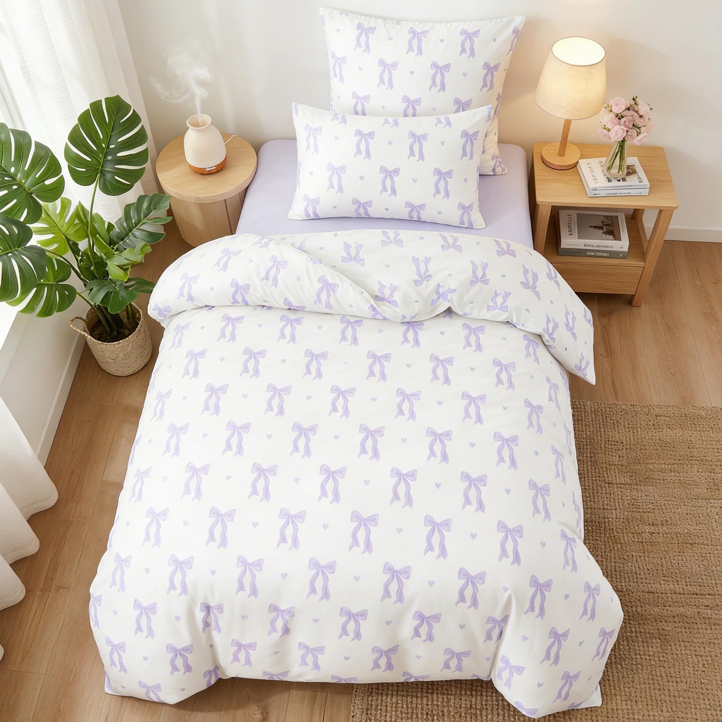 Sedefen Purple Bow Duvet Cover, 3 Pieces Cute Heart Pattern Bedding Set, Reversible Coquette Aesthetic Bowknot Love Printed Duvet Cover Set for Girls Bedroom, All Season