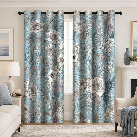Boho Blue Floral Blackout Curtains for Bedroom, Vintage Botanical Flower Drapes Mid Century Window Curtains Darkening Thermal Insulated Grommet for Living Room Bedroom Decor 2 Panels 52x84 Inches