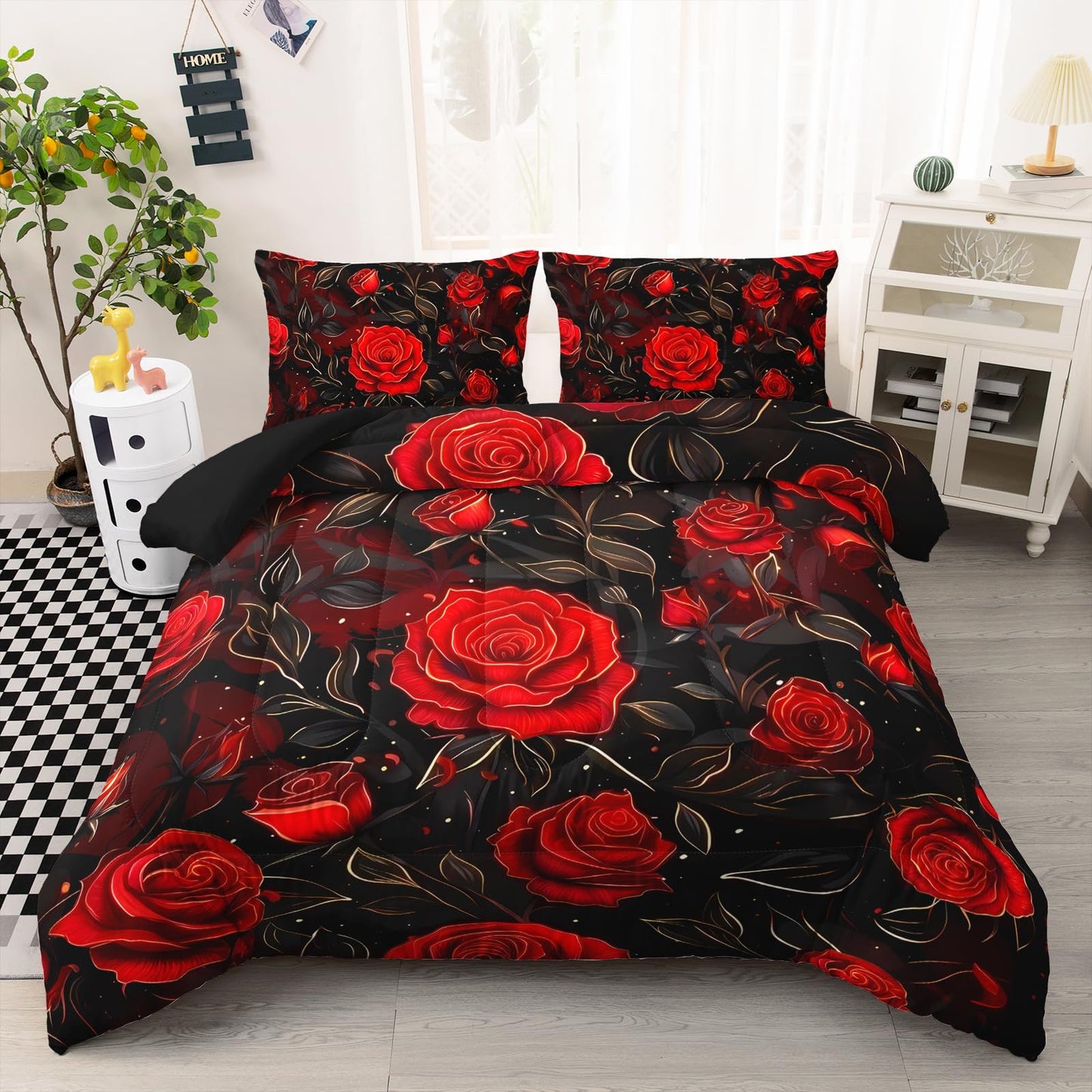 AILONEN Crimson Rose Twin Comforter Set 3 Piece, Black Floral Bedding, Gold Vine Dark Garden Print, Dorm Bedroom, 2 Pillowcases