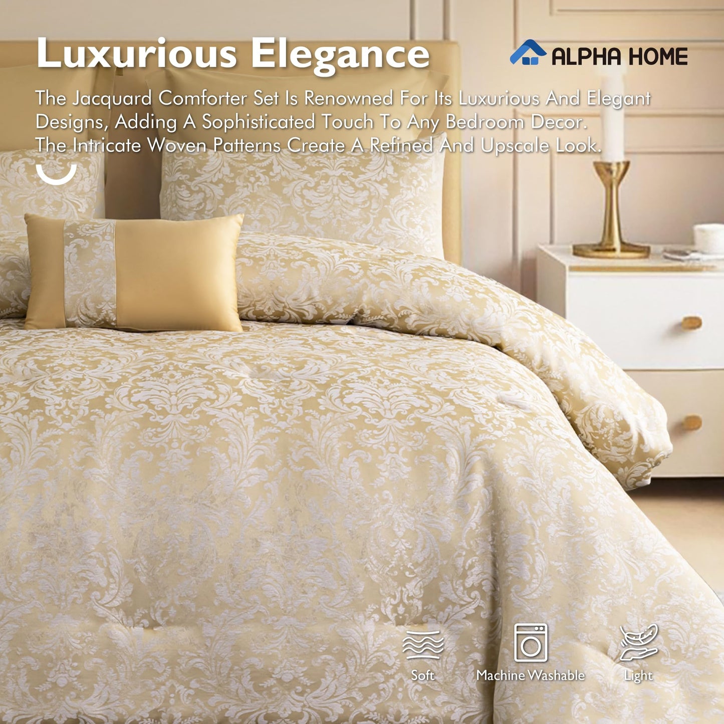 ALPHA HOME Queen Size Jacquard Bedding Comforter Set - All Season Luxurious Elegance With Cushion (1 Comforter, 2 Pillow Shams, 2 Euro Shams)