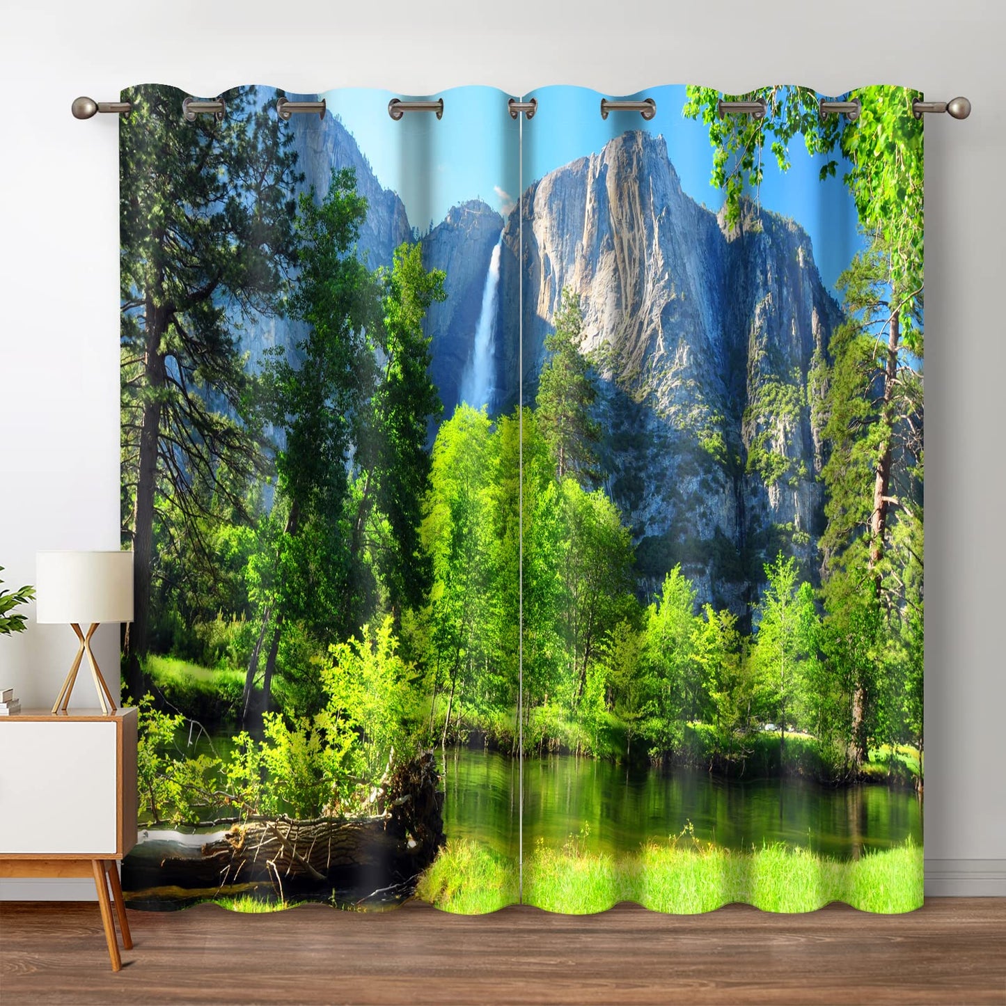 Jekeno Mountains Forest Blackout Curtains Jungle Green Trees River Lake in Bright Sunshine Nature Scenery Decor Bedroom Living Room Darkening Grommet Window Drapes 2 Panel Set, 52"x84"