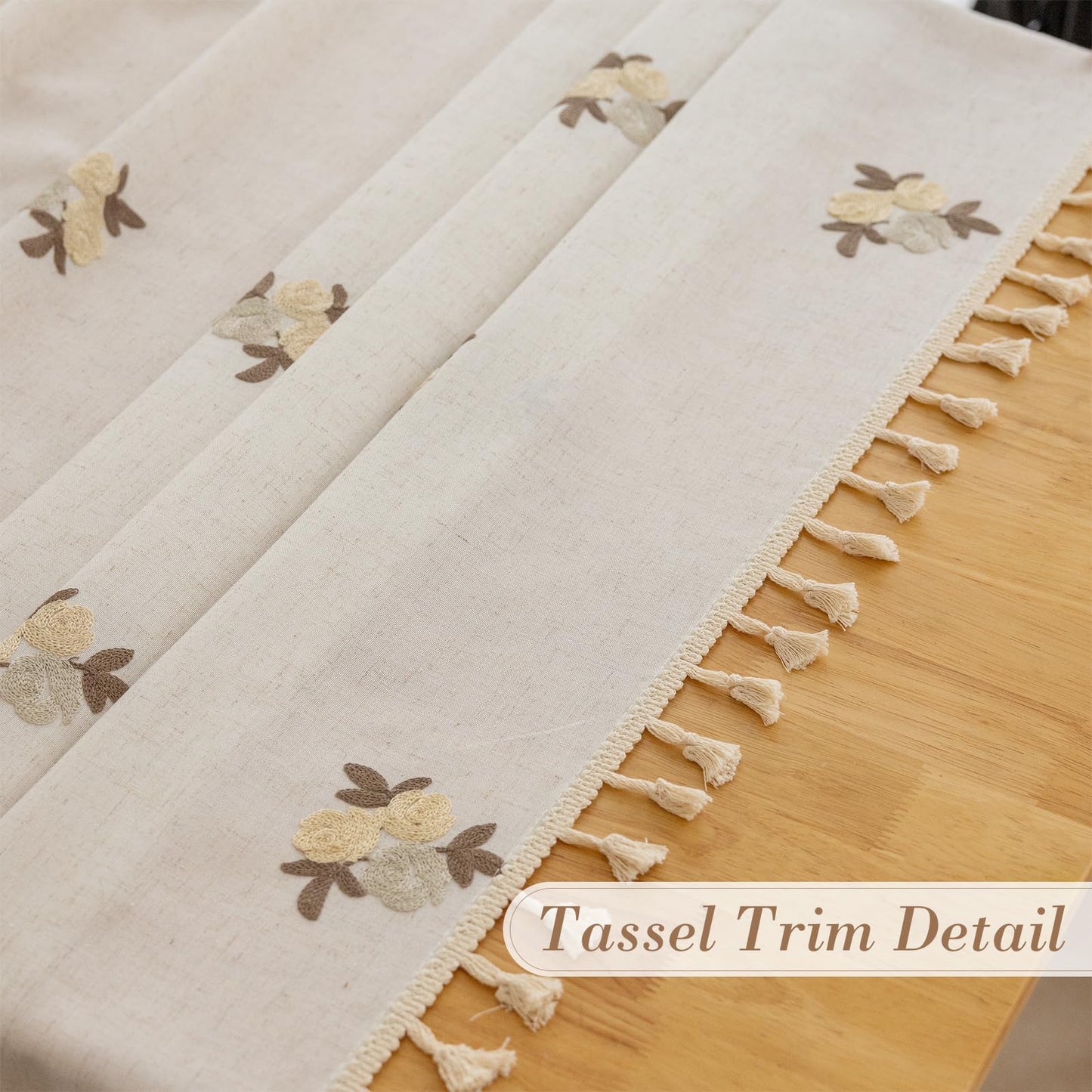 Cream Linen Tablecloth Rectangle 60 x 84 Inch Brown Floral Pattern Embroidered Table Cloth with Tassel Heavy Duty Neutral Vintage Farmhouse Thick Faux Burlap Table Cover for Dining Party Holiday