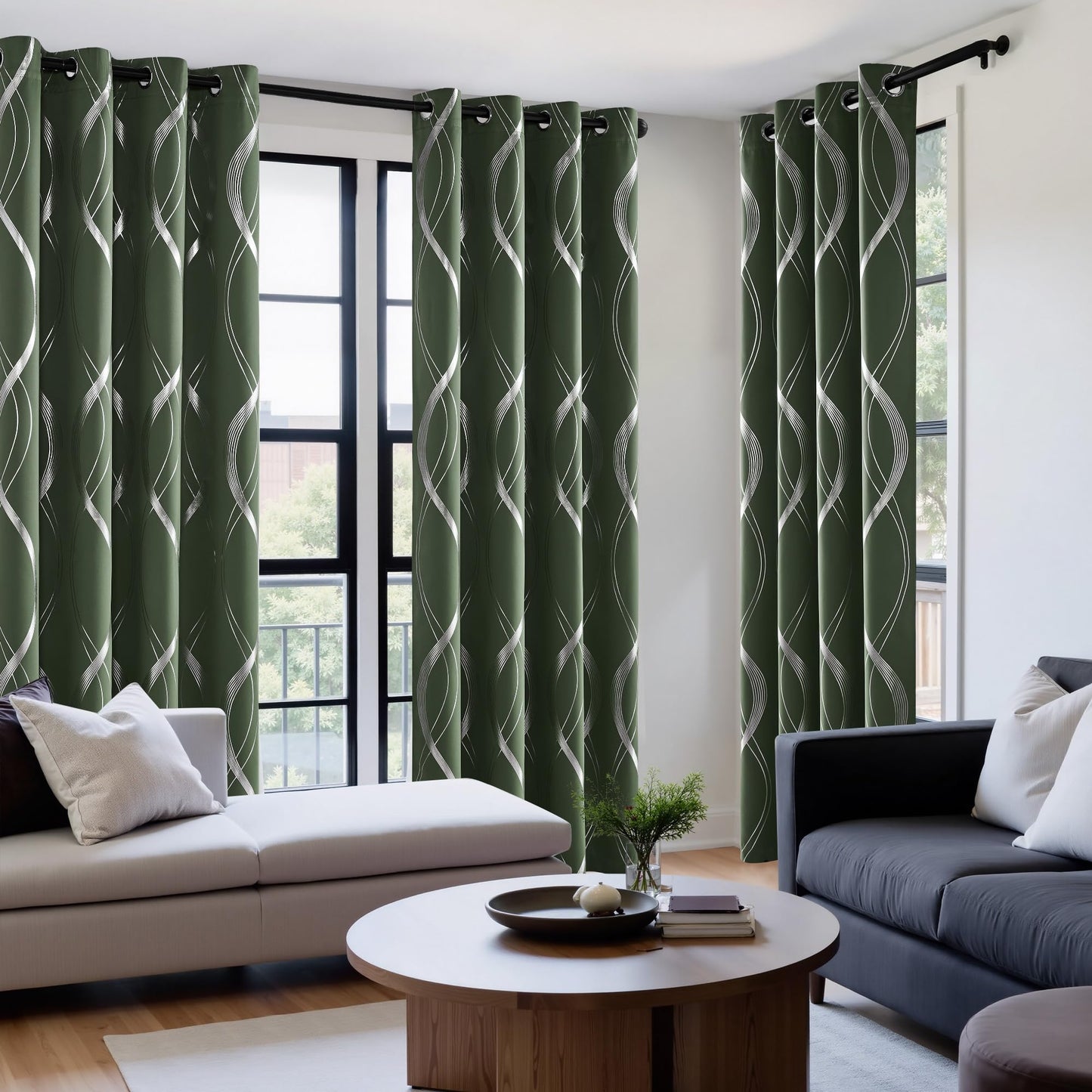 NICETOWN 100% Blackout Curtains 84 inch Length 2 Panels Set, Dark Mallard, 52" x 84", Noise Reducing Thermal Insulated Wave Line Foil Print Design Blackout Curtains for Hall Closet Villa Door