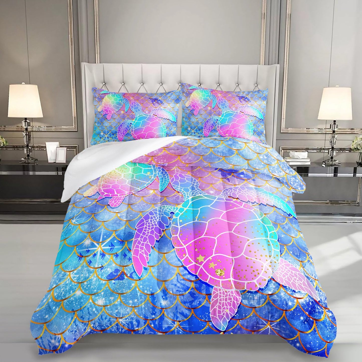 Mermaid Scales Bedding Set for Girls,Rainbow Scales Mermaid Printed Comforter Set Full Size for Kid Women,Glitter Star Bed Set Quilts Set Lightweight Soft Microfiber Warm Down Alternative All Season