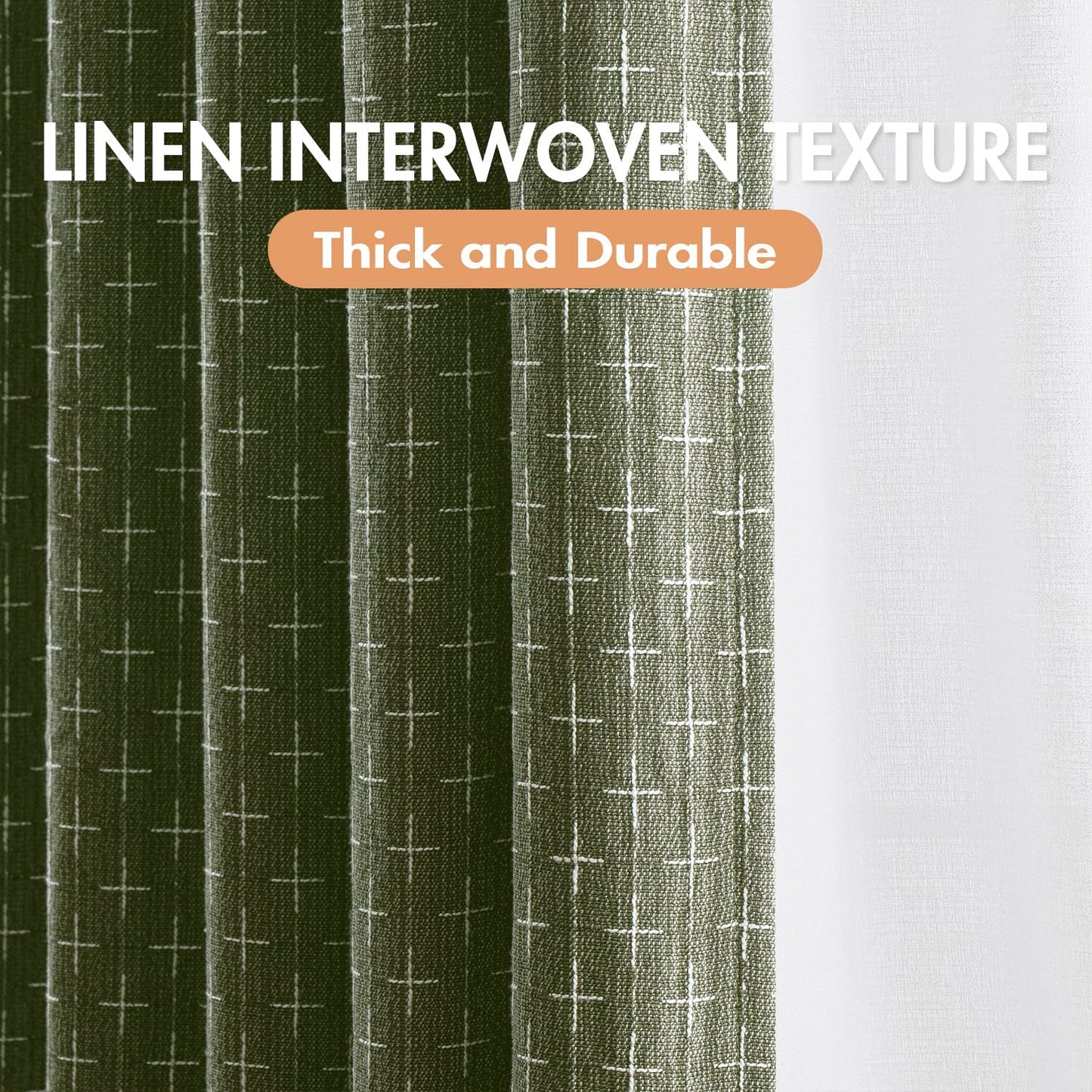 MIULEE 100% Blackout Decorative Linen Striped Curtains with Geometric Pattern, Thick Woven Farmhouse Western Rustic Drapes with Back Tab for Bedroom/Living Room, Olive Green, 52 x 84 Inches, 2 Panels