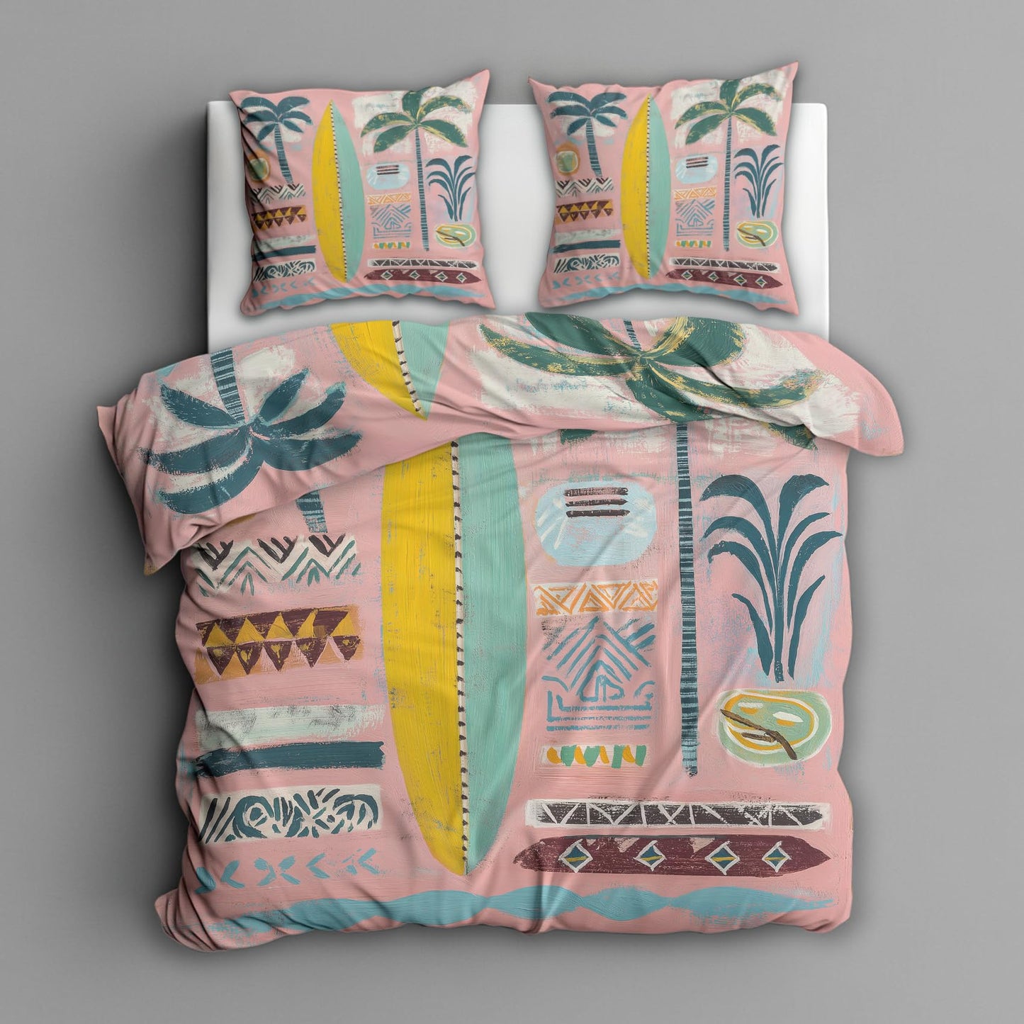 Retro Tropical Full Duvet Cover Set 3 Piece, Palm Tree Surfboard Reversible Bedding with 2 Pillow Shams, Zipper & Ties, Ultra Soft Microfiber, Tropical Bedroom Decorations 24A-W