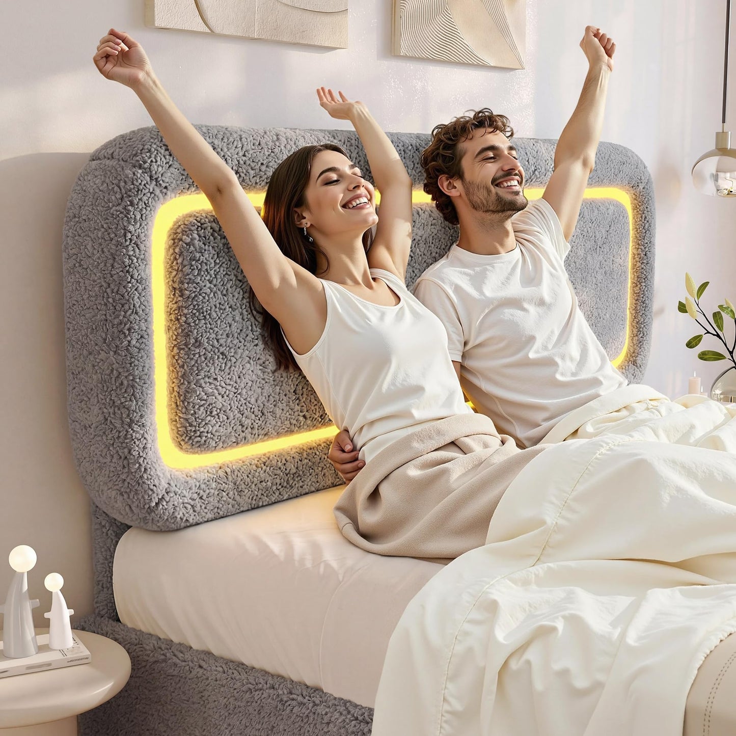 Homkdom Upholstered Full Bed Frame with Led Lights,Boucle Upholstered Full Size Bed Frame with Headboard,Soft Bed Frame Full,Anti-Collision Round Corners,No Box Spring Needed,Modern,Grey