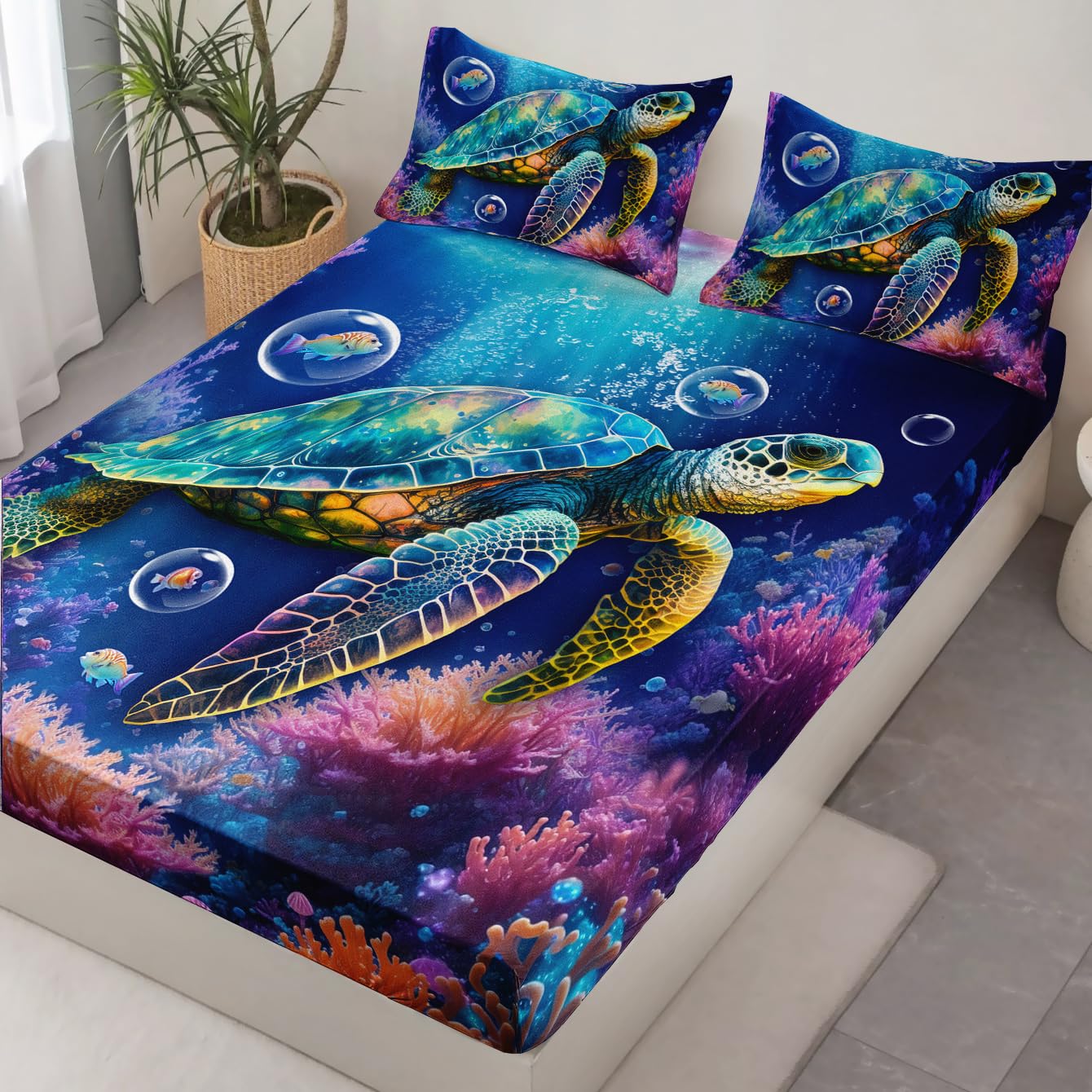 HOSIMA Sea Animal Bedding Set Turtle Fitted Sheet,Ocean Beach Theme Bedding Clownfish Coral Bed in A Bag Full Size for Adults Kids Coastal Granddaughter Bedding Full Sheets Deep Pocket.