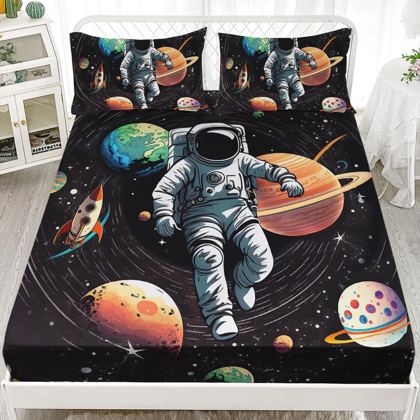 AILONEN Outer Space Fitted Sheet Set Full Size,3D Astronaut Print Bed Sheet Set,Galaxy Bedding Cartoon Planet Rocket Sheet Set 3 Pieces, 1 Fitted Sheet and 2 Pillowcases