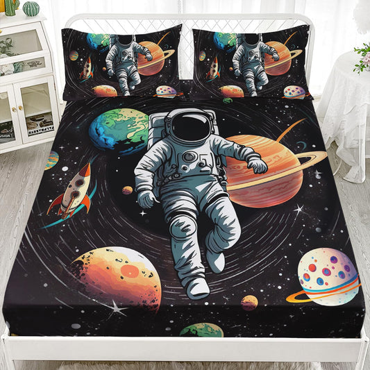 AILONEN Outer Space Fitted Sheet Set Full Size,3D Astronaut Print Bed Sheet Set,Galaxy Bedding Cartoon Planet Rocket Sheet Set 3 Pieces, 1 Fitted Sheet and 2 Pillowcases