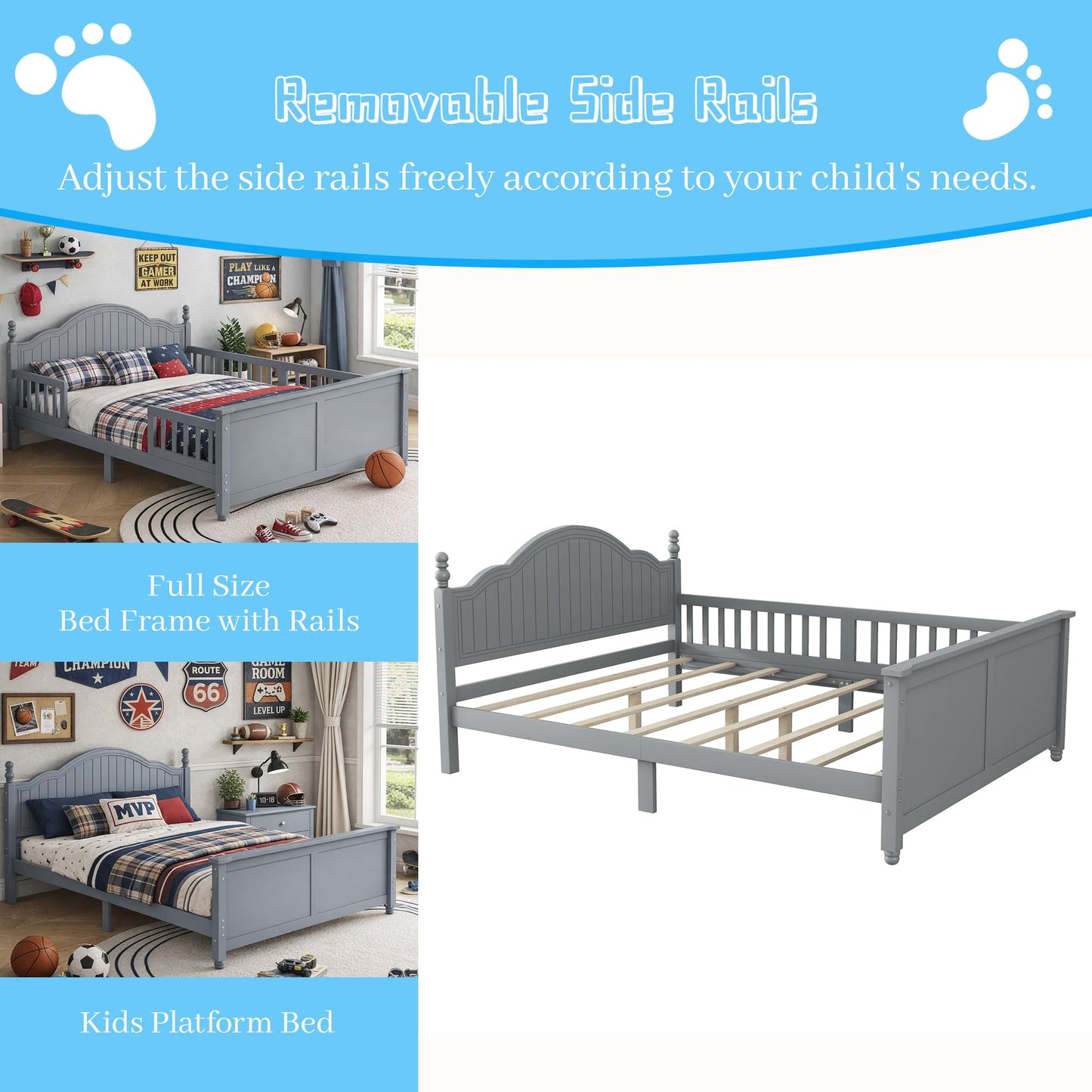 OYUMOENTS Full Size Bed Frame Kids, Low Profile Kids Full Size Bed Frame with Headboard and Footboard, Wood Platform Beds with Rails for Boys & Gilrs, No Spring Box Required, No Squeaks, Gray
