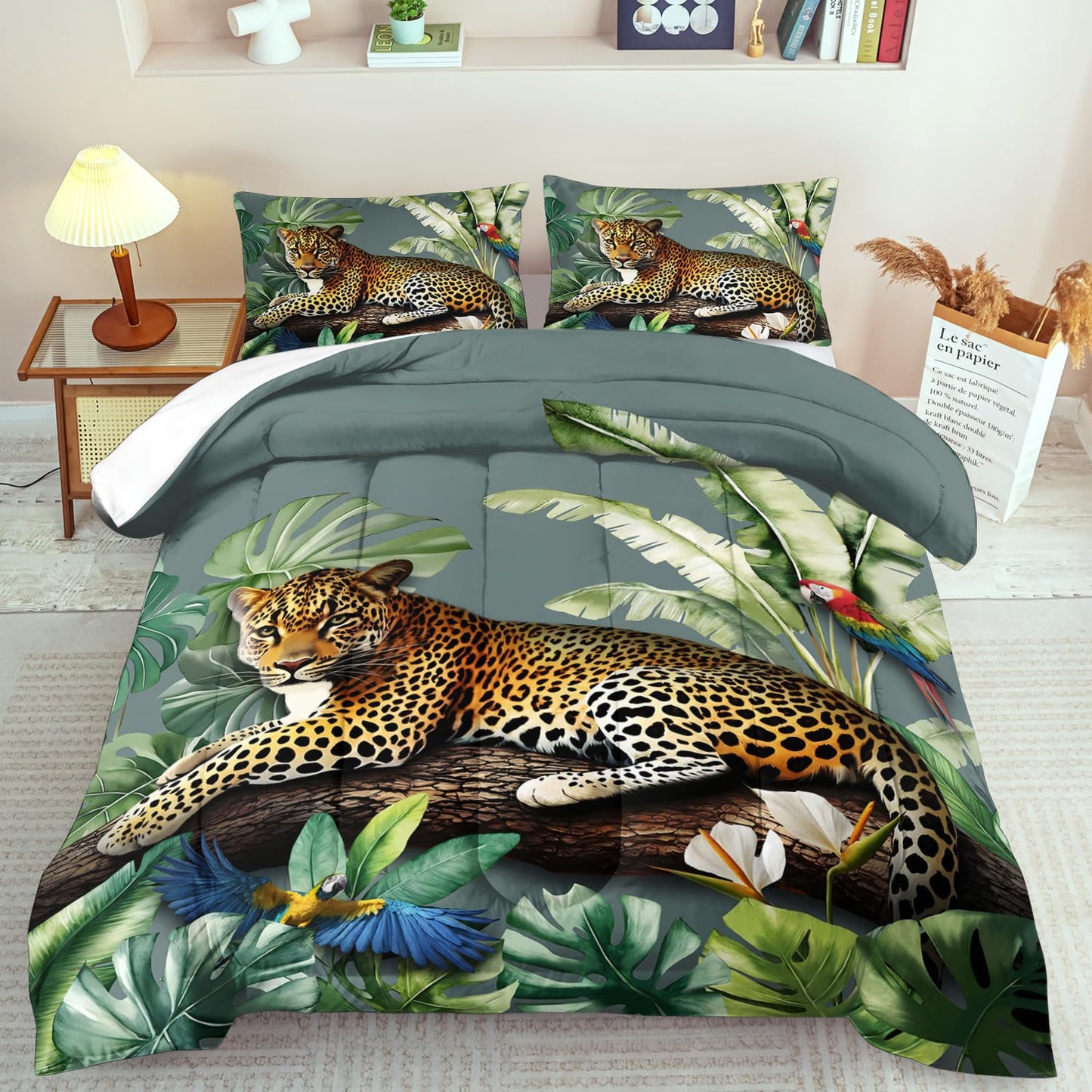 llyxsesty Animal Leopard Print Comforter Set King Animal Cheetah Print Comforter Set Boys Girls Floral Leopard Bedding Bedroom Decor Floral Cheetah Bedding King Jungle Plant Room Decor