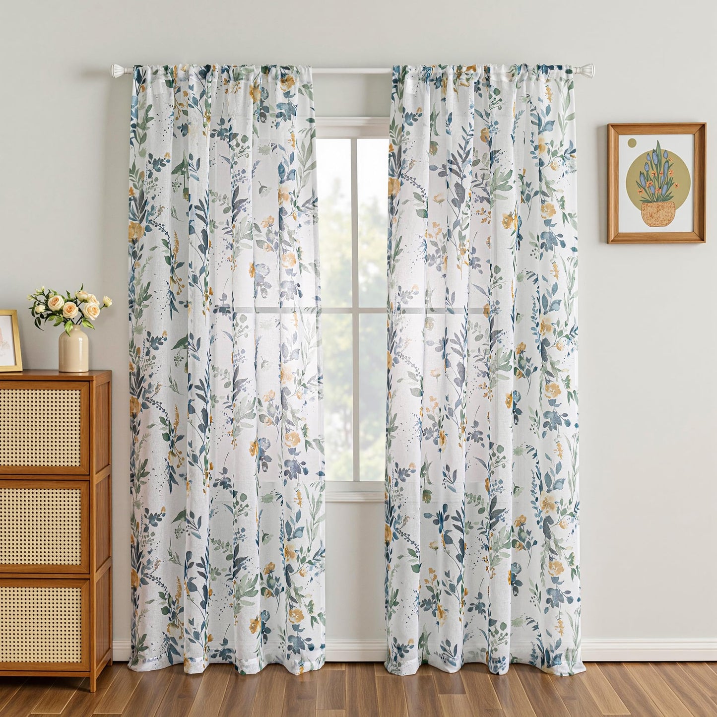 MYSKY HOME Sheer Floral Curtains 84 inches Long 2 Panels Set for Living Room Leaf Printed Summer Curtains for Bedroom Rod Pocket Window Drapes, Yellow and Blue, 52 x 84 inch
