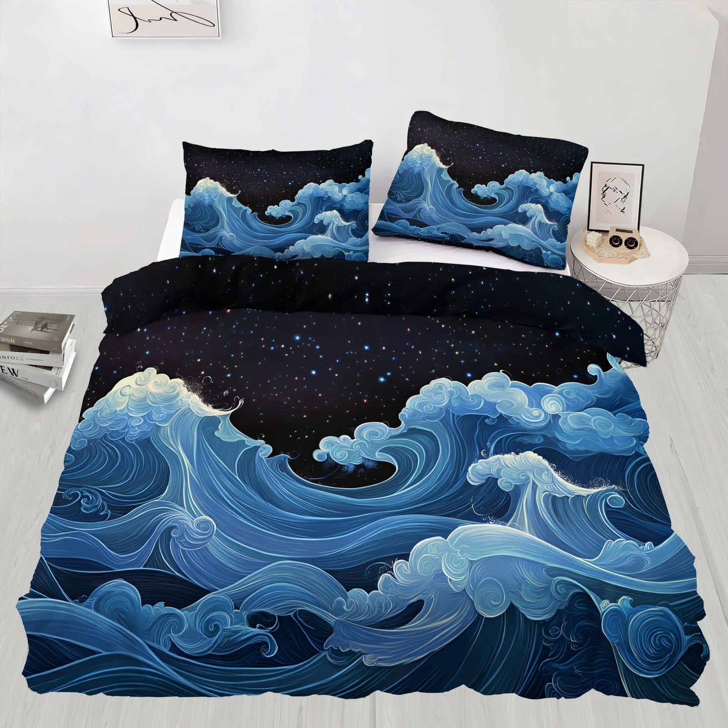 GKPLY Starry Ocean Bedding Comforters, Japanese Wave Duvet Cover, Cosmic Water Comforter Set, Reversible Print - Fantasy Sea Bedding Duvet Cover & 2 Pillowcases, California King