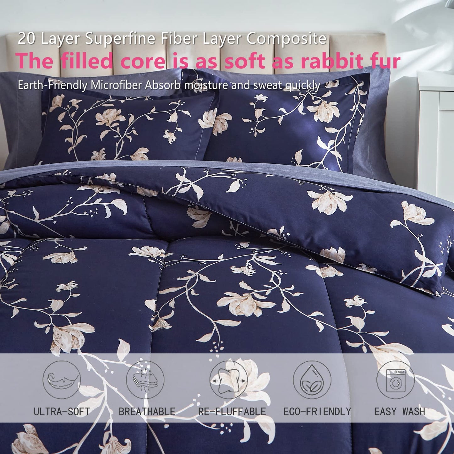 AIKASY Bed in a Bag Queen Comforter Set，7 Pieces Floral Comforter Set Bedding Sets with (1 Comforter, 2 Pillow Shams, 1 Flat Sheet, 1 Fitted Sheet, 2 Pillowcases) (Navy, Queen)
