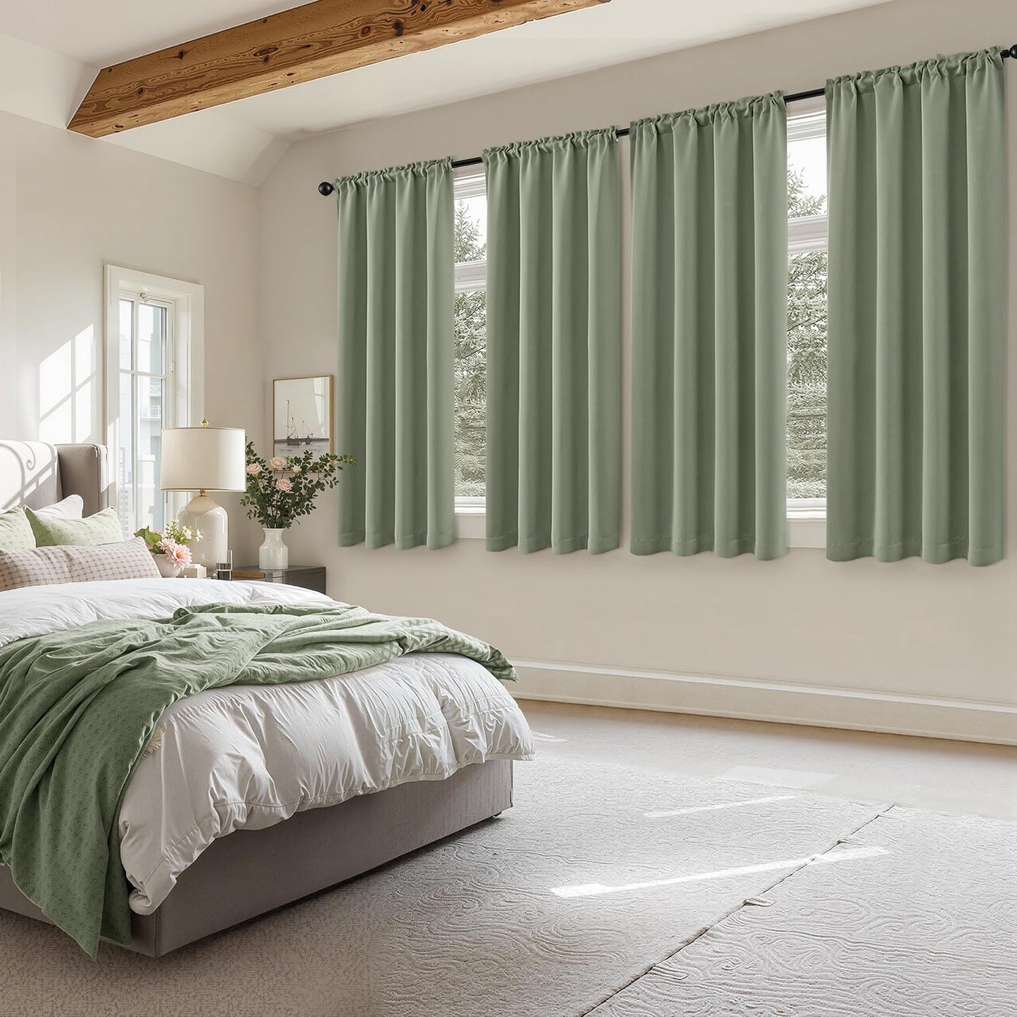 MIULEE Blackout Curtains 4 Panels Sets Sage Green 63 Inch Length, Top and Bottom Rod Pocket Room Darkening Curtains for Bedroom Windows, 4 Pack Solid Thermal Insulated Light Blocking Curtain Drapes
