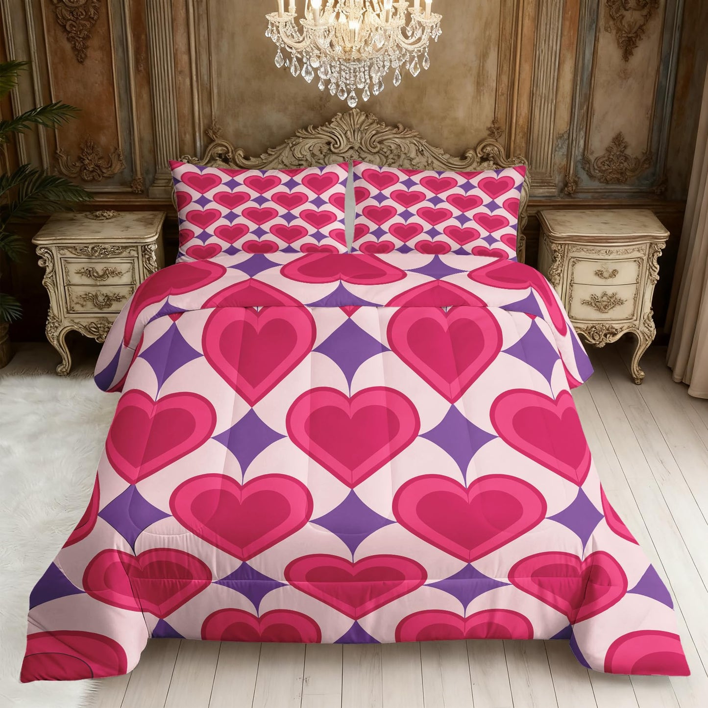 TANCAPRIUM Retro Heart Comforter Set Twin - 70s Bedding Set & 2 Pilow Cases for All Season - Soft Reversible Down Alternative 3 Piece. Retro Bedrom Decor