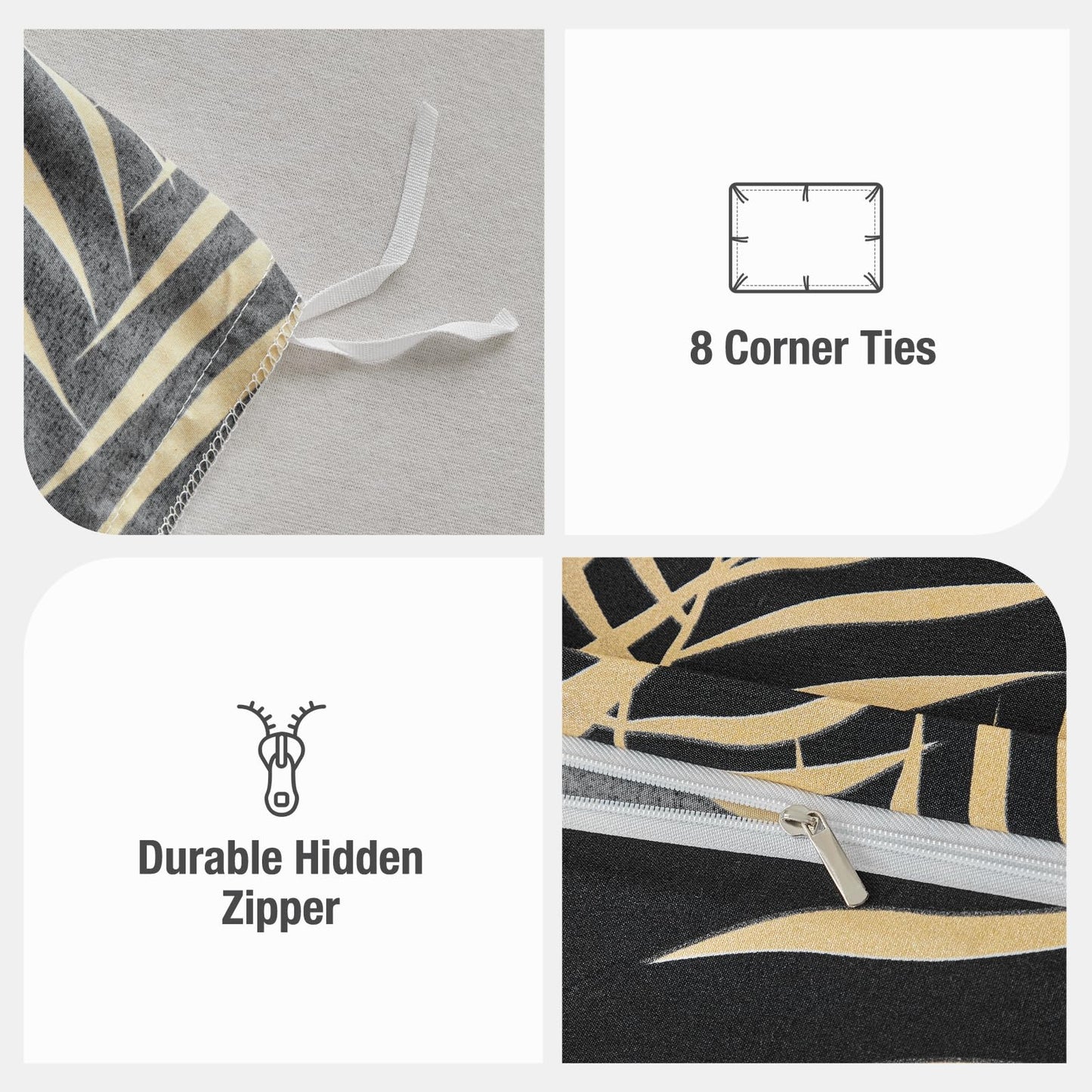 Lekesky Queen Duvet Cover Set, Black and Gold Tropical Palm Leaf Pattern Comforter Cover Queen Size, 3 Pieces Soft Microfiber Bedding Sets with Zipper & 2 Pillowcases, Comforter Not Included